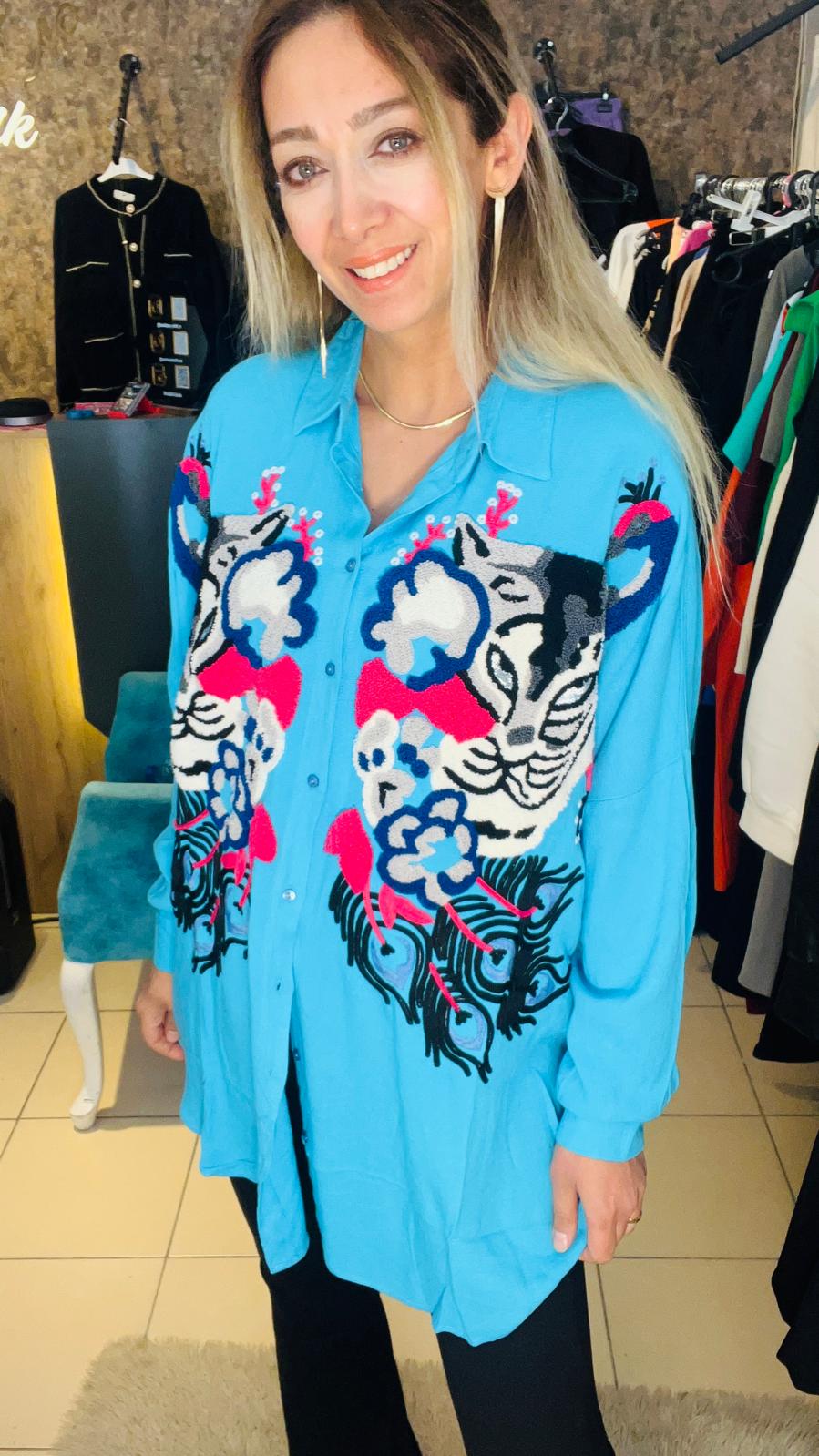 Turkuaz Punch İşlemeli Pamuklu Gömlek