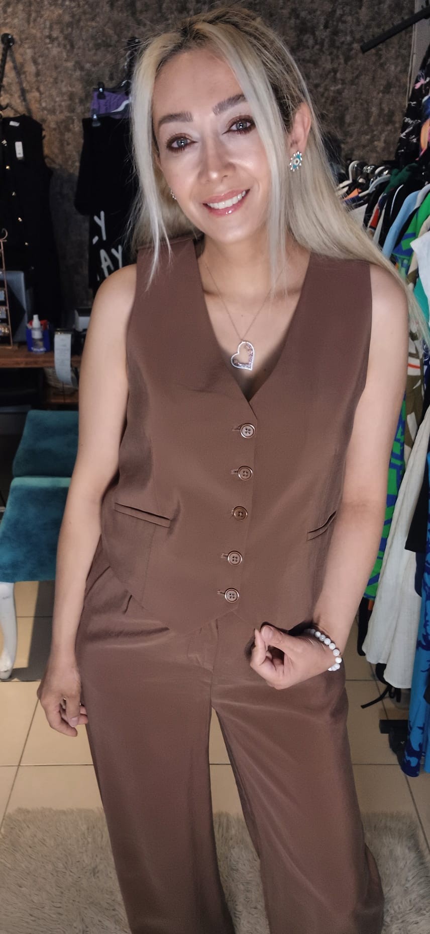 Kahve Tencel Kumaş Yelekli Takım