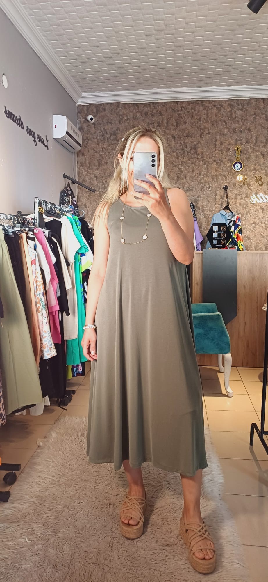 Haki Modal Askılı Volanlı Elbise