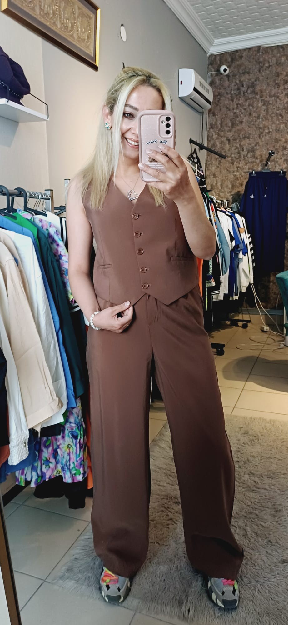 Kahve Tencel Kumaş Yelekli Takım