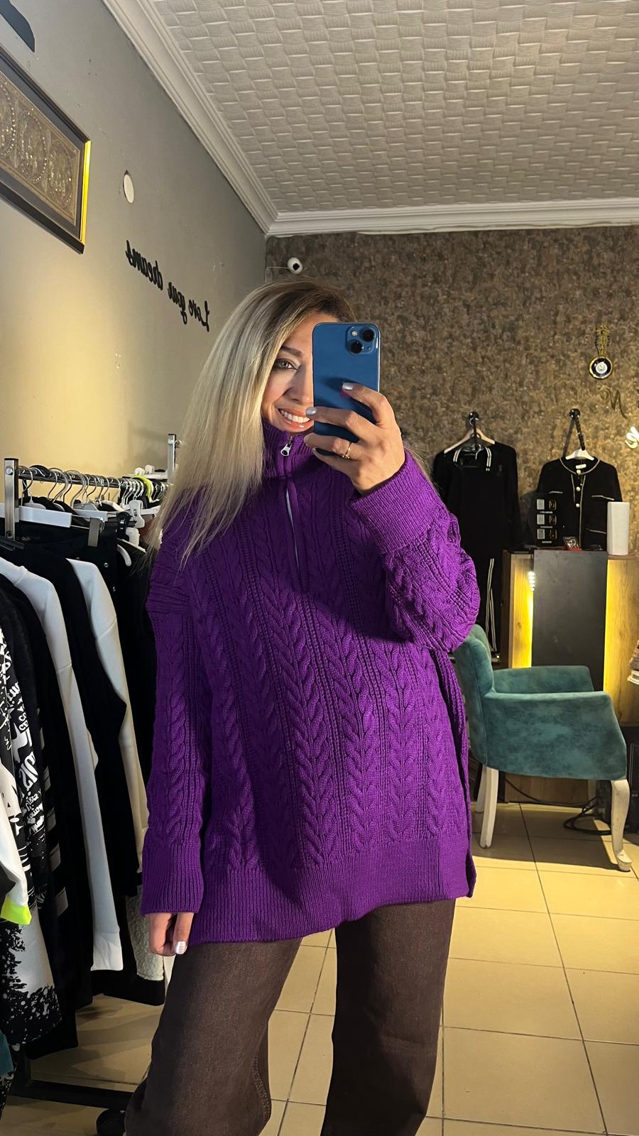 Mor Premium Fermuarlı Triko 