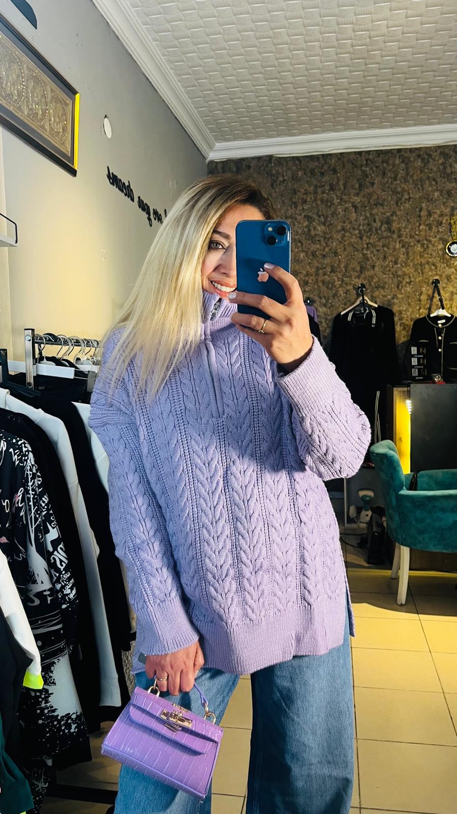 Lila Fermuarlı Premium Triko