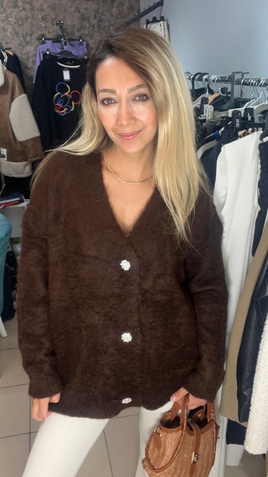 Kahve Taş Düğmeli Standart Hırka