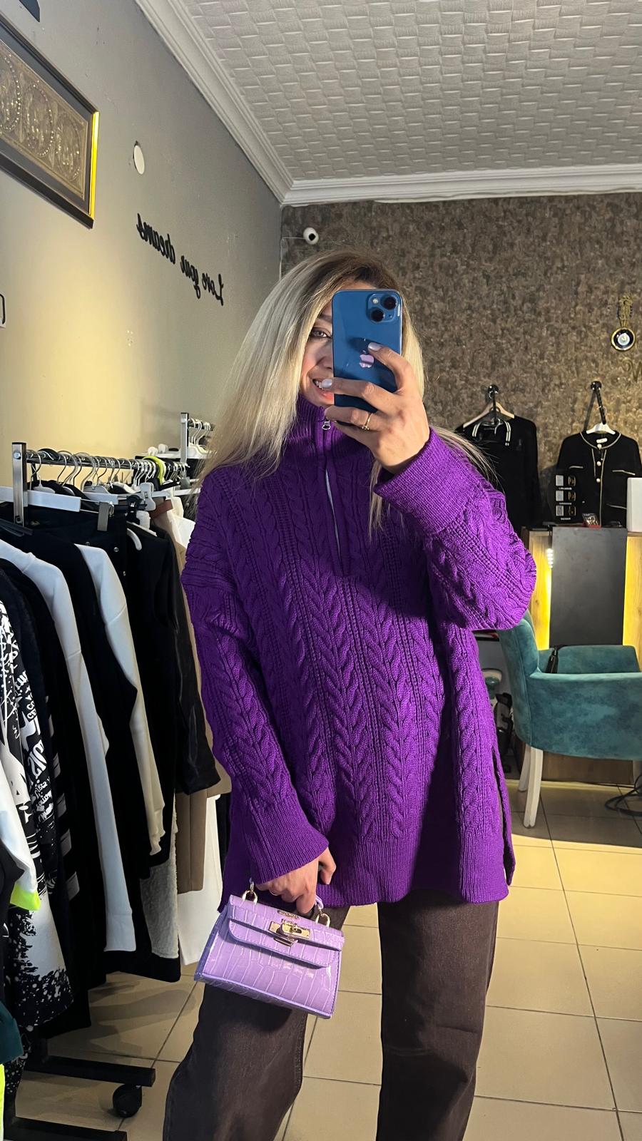 Mor Premium Fermuarlı Triko 