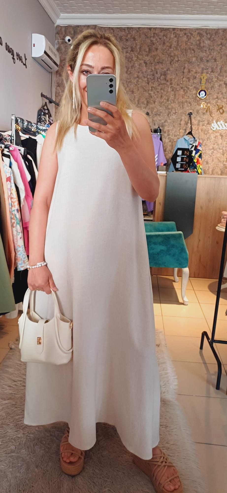 Ekru Keten Maxi Elbise 