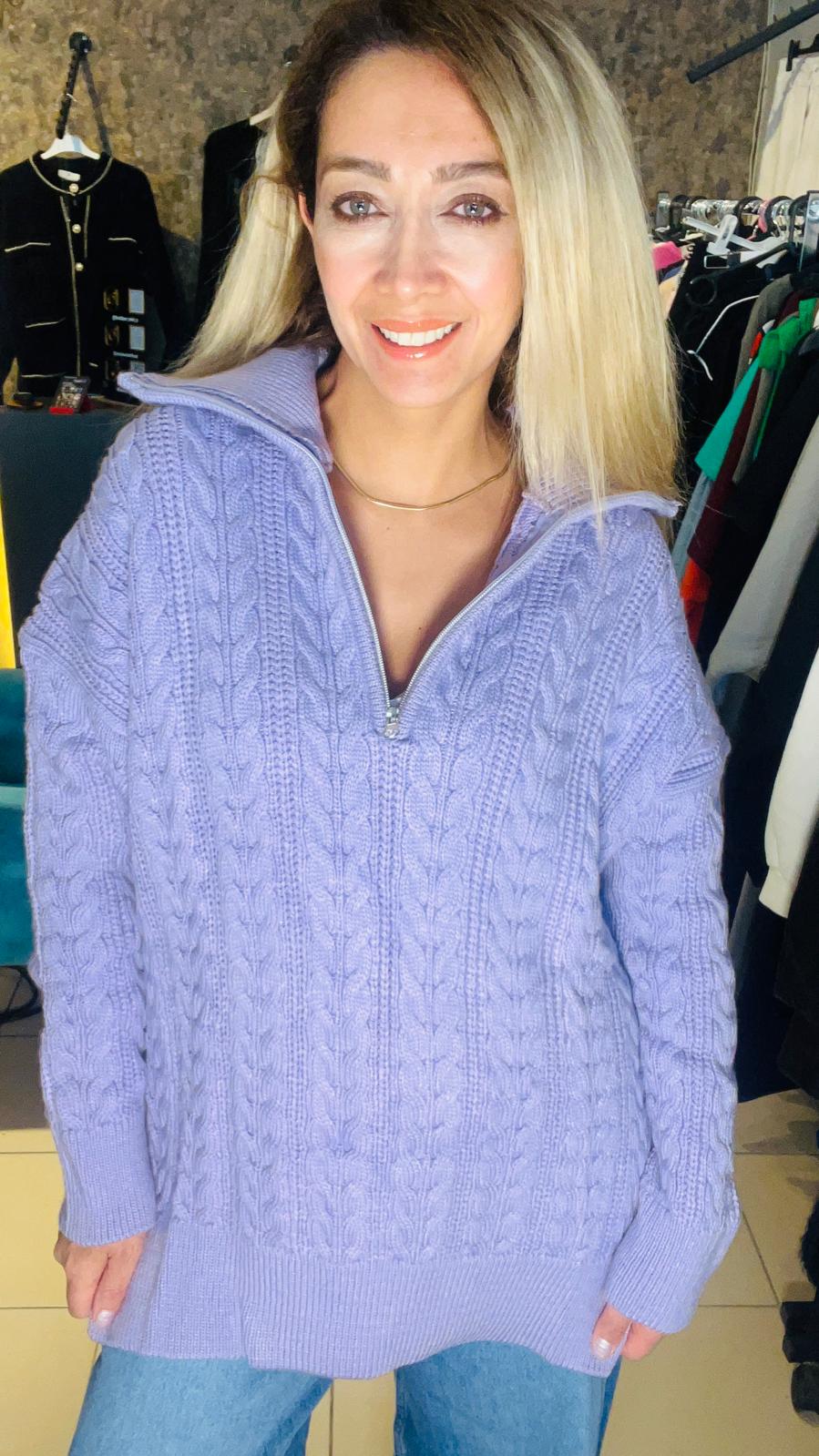 Lila Fermuarlı Premium Triko