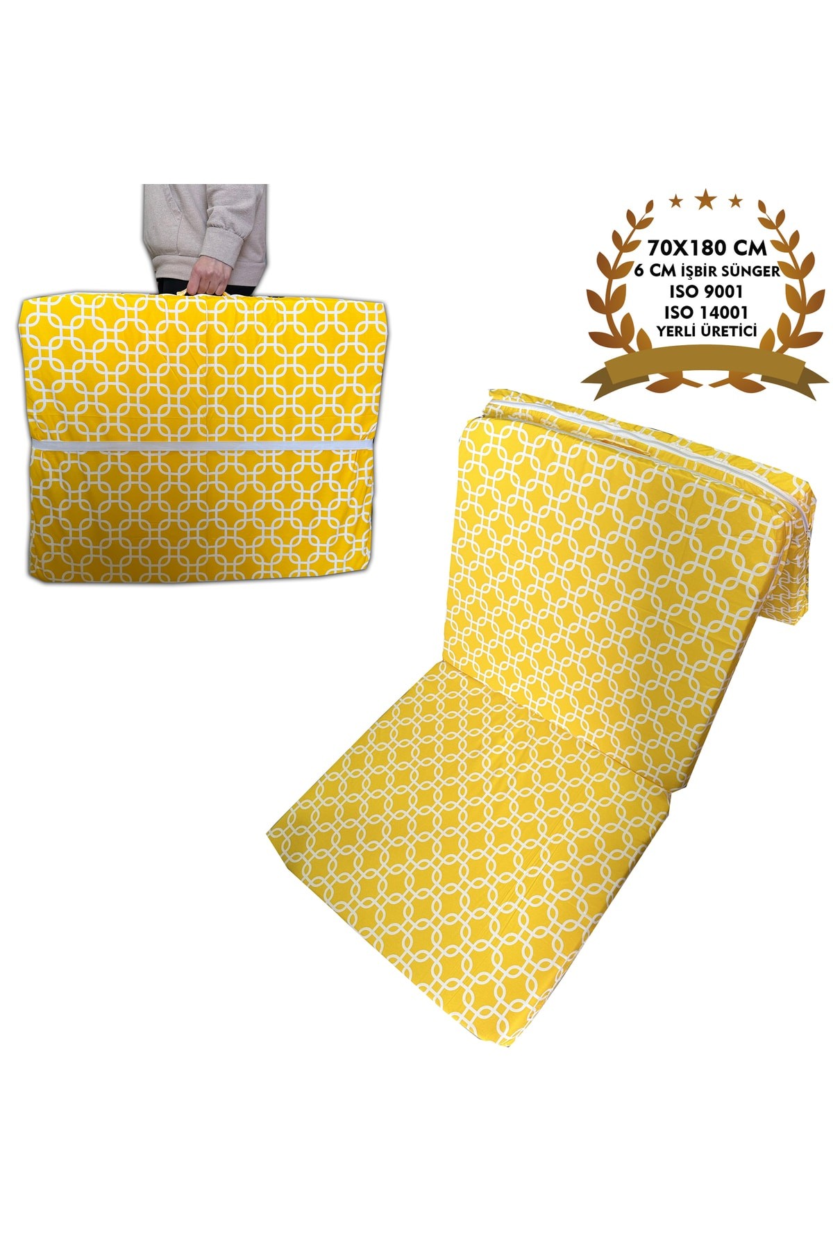 Katlanır Kamp Yatağı Çadır Yatağı Sünger Yatak Fermuarlı 70x180 Cm 6 Cm-SARI ZİNCİR Vip Home Concept