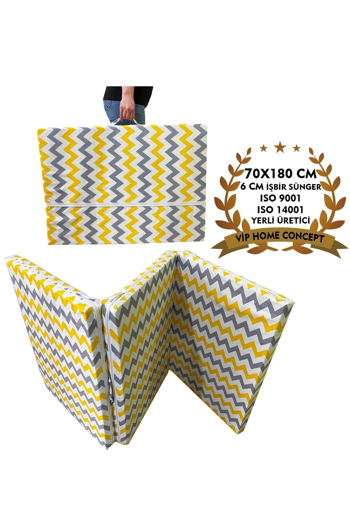 Katlanır Kamp Yatağı Çadır Yatağı Sünger Yatak Fermuarlı 70x180 Cm 6 Cm-SARI GRİ ZİKZAK Vip Home Concept