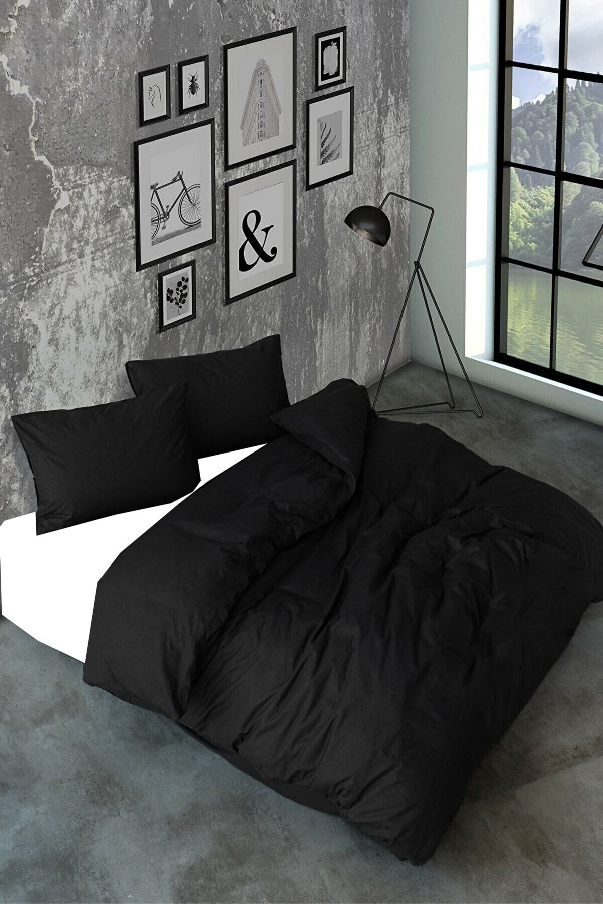 Çarşaflı Lastikli Nevresim Takımı Ranforce Pamuk Tek Kişilik Siyah Vip Home Concept