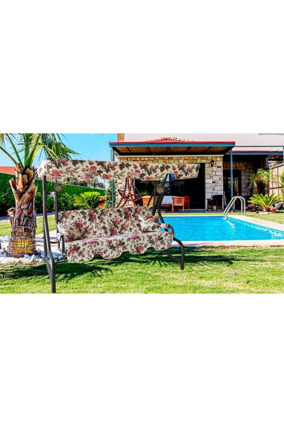 3 Kişilik Salıncak Minderi Süngerli Kılıfı Ingiliz Gülü Bahçe Minderi Vip Home Concept