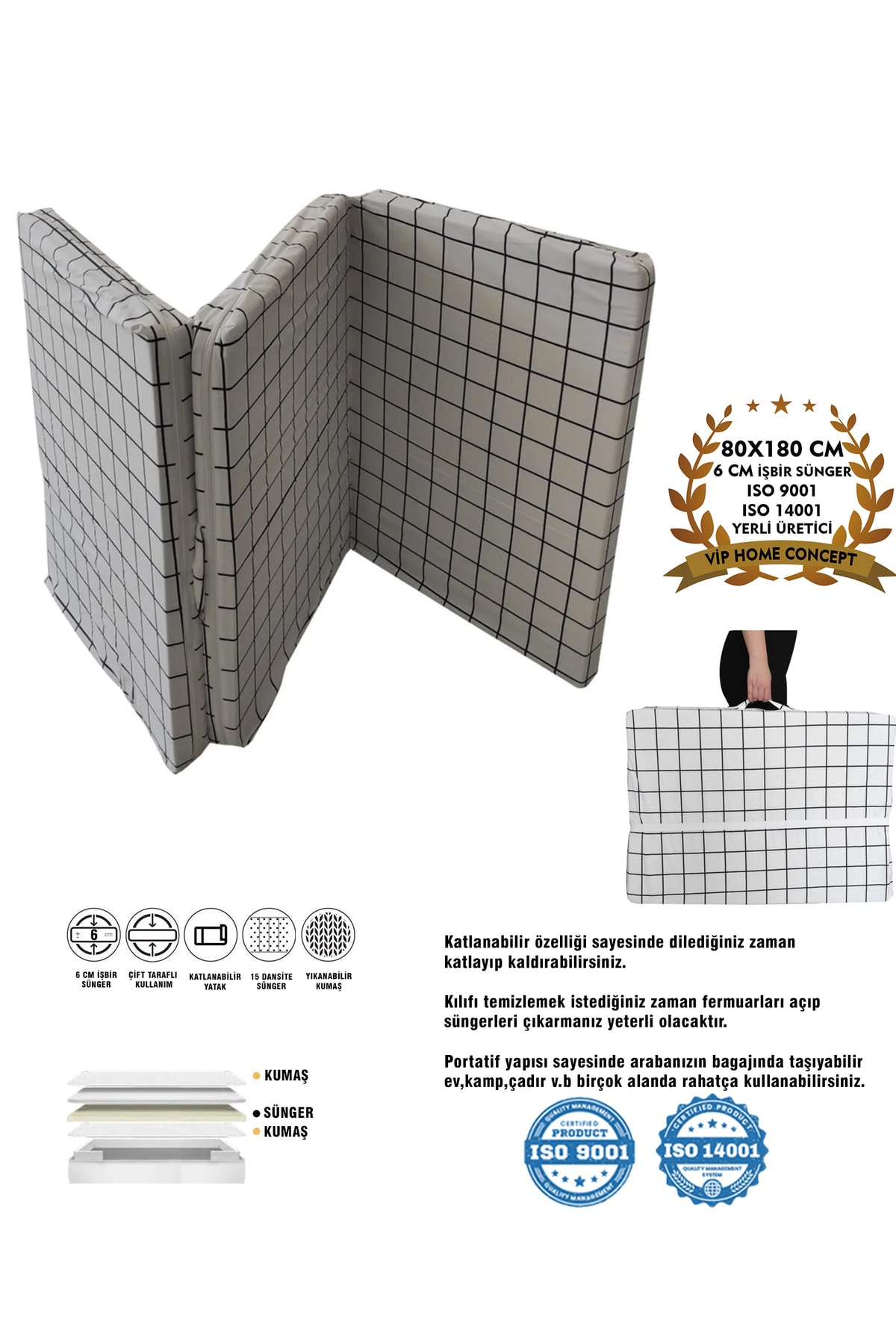 Tek Kişilik Katlanır Yer Yatağı Sünger Yatak Beyaz Pano 80x180 Cm-6 Cm Vip Home Concept