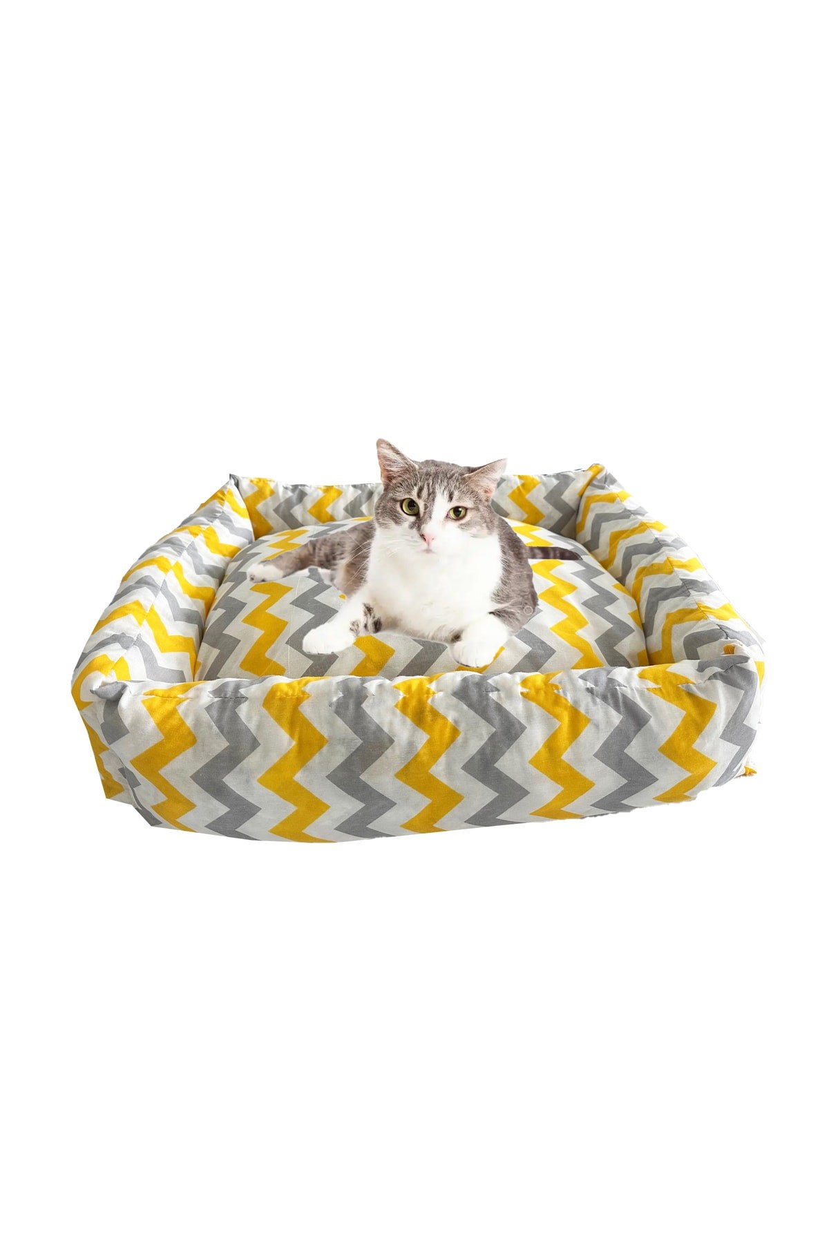 Kedi Ve Köpek Yatağı Yıkanabilir Yatak 60x45x17 Cm-sarı Gri Zikzak Vip Home Concept