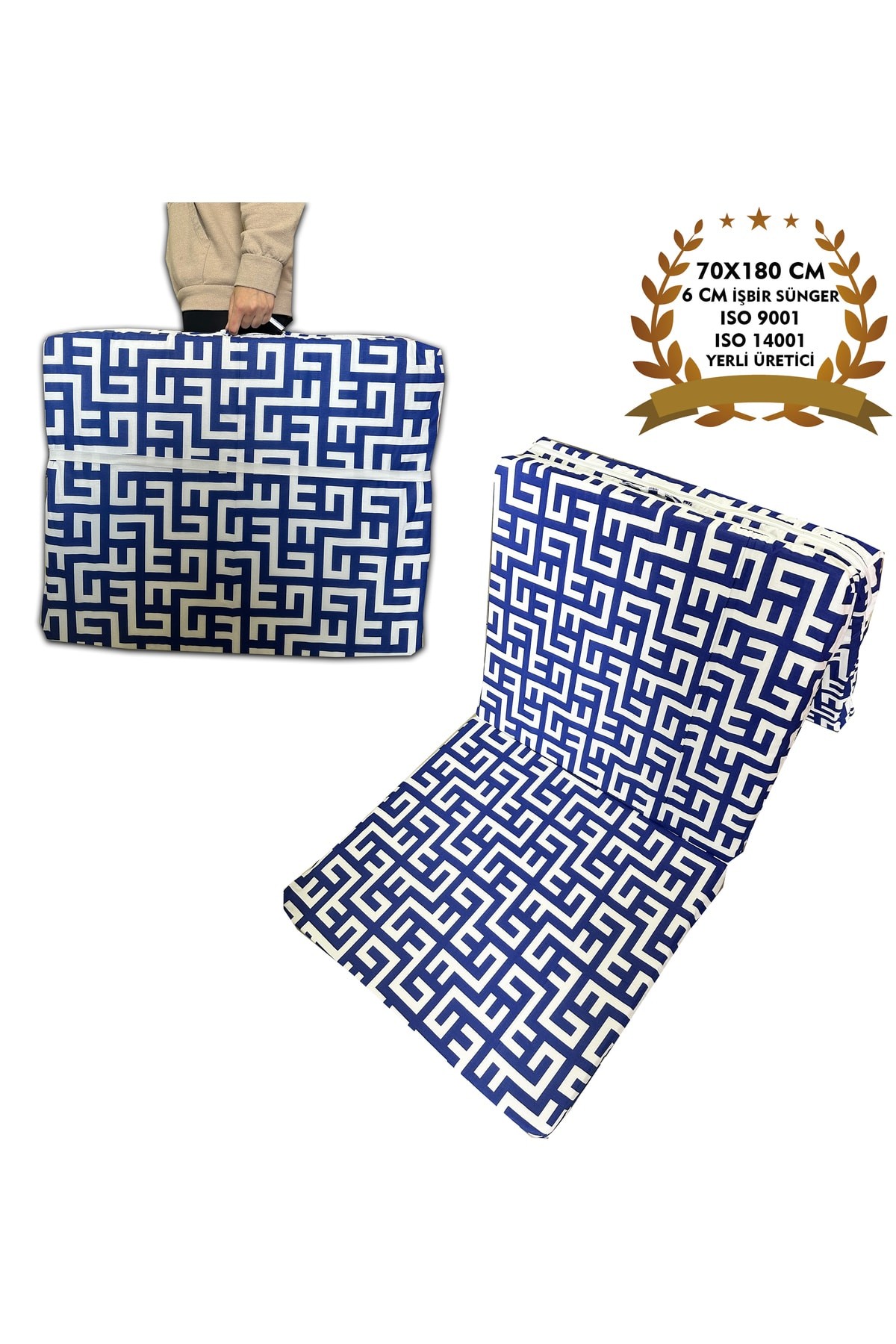 Katlanır Kamp Yatağı Çadır Yatağı Sünger Yatak Fermuarlı 70x180 Cm 6 Cm-MAVİ LABİRENT Vip Home Concept