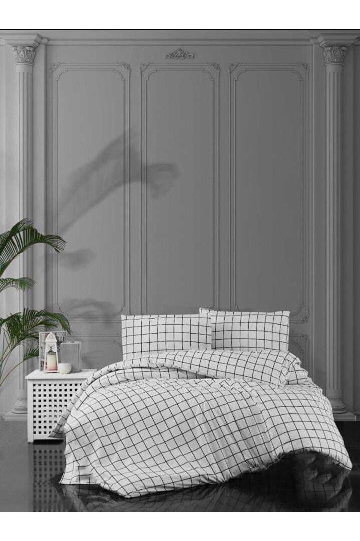 Lastikli Çarşaflı Ranforce Pamuk Nevresim Takımı Tek Kişilik Beyaz Pano Vip Home Concept