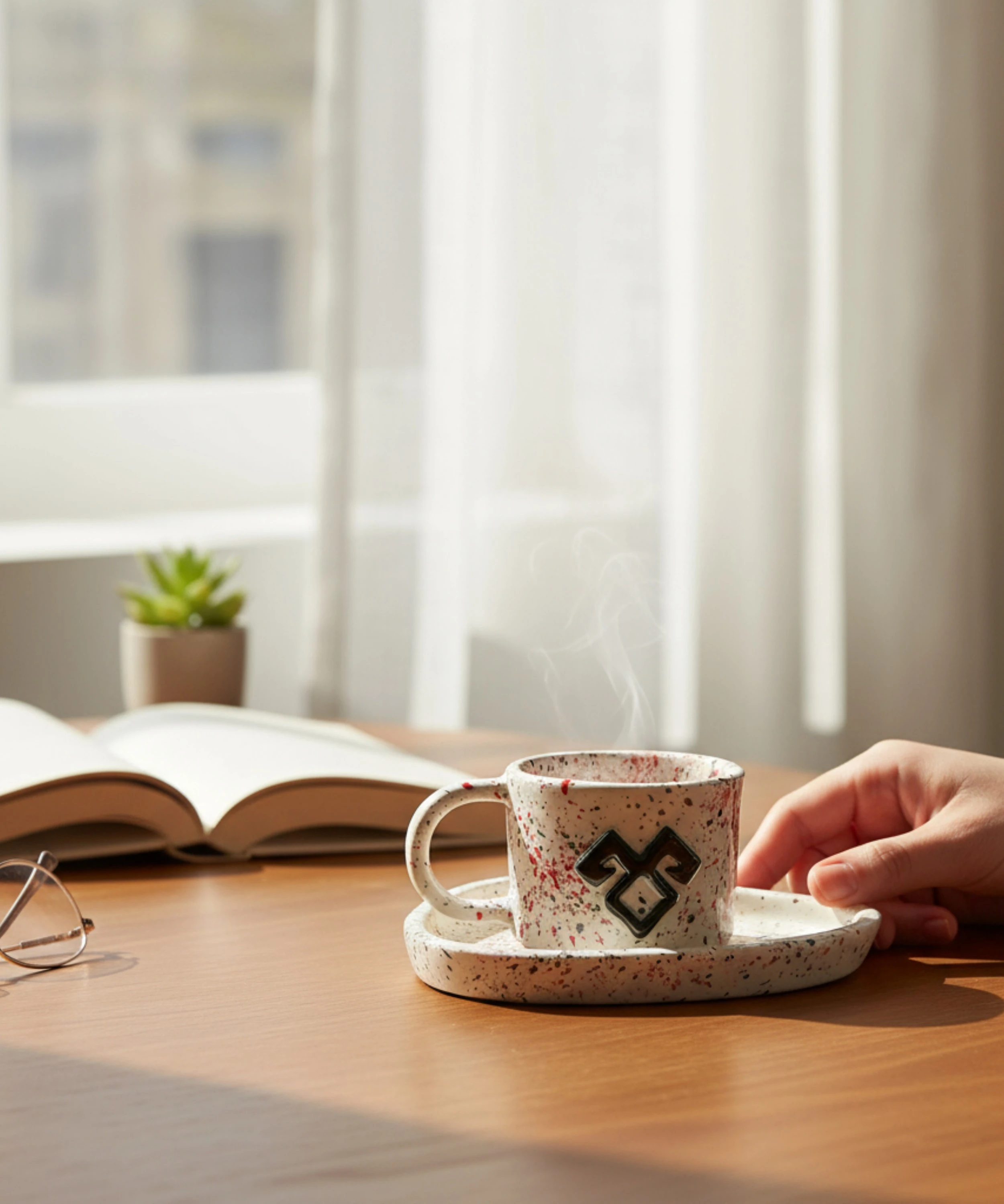 KOÇ BOYNUZU - Anadolu Motifi El Yapımı Seramik Kupa ve Altlık | SET