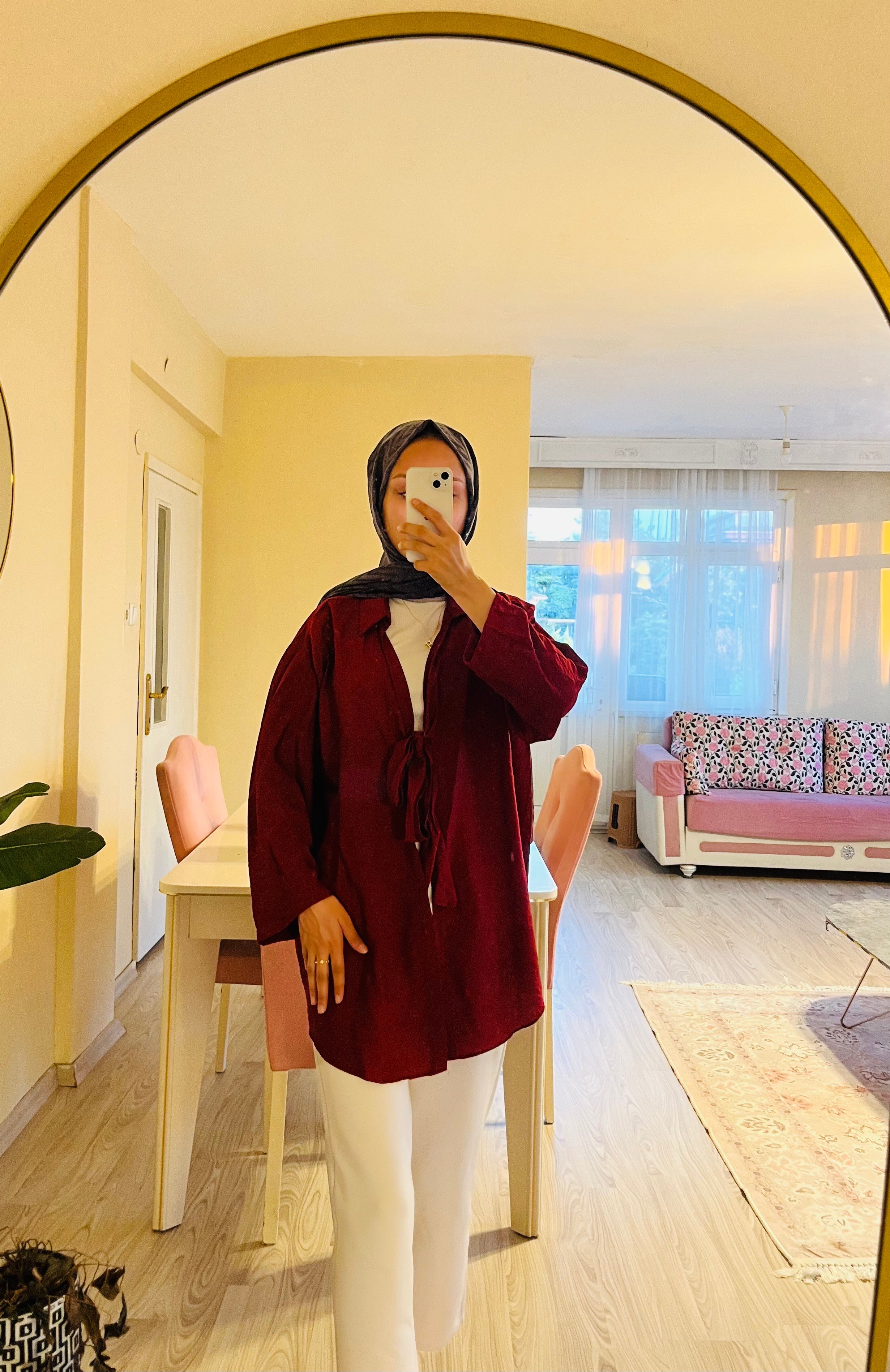 BAĞLAMA DETAYLI BORDO KADIN KİMONA