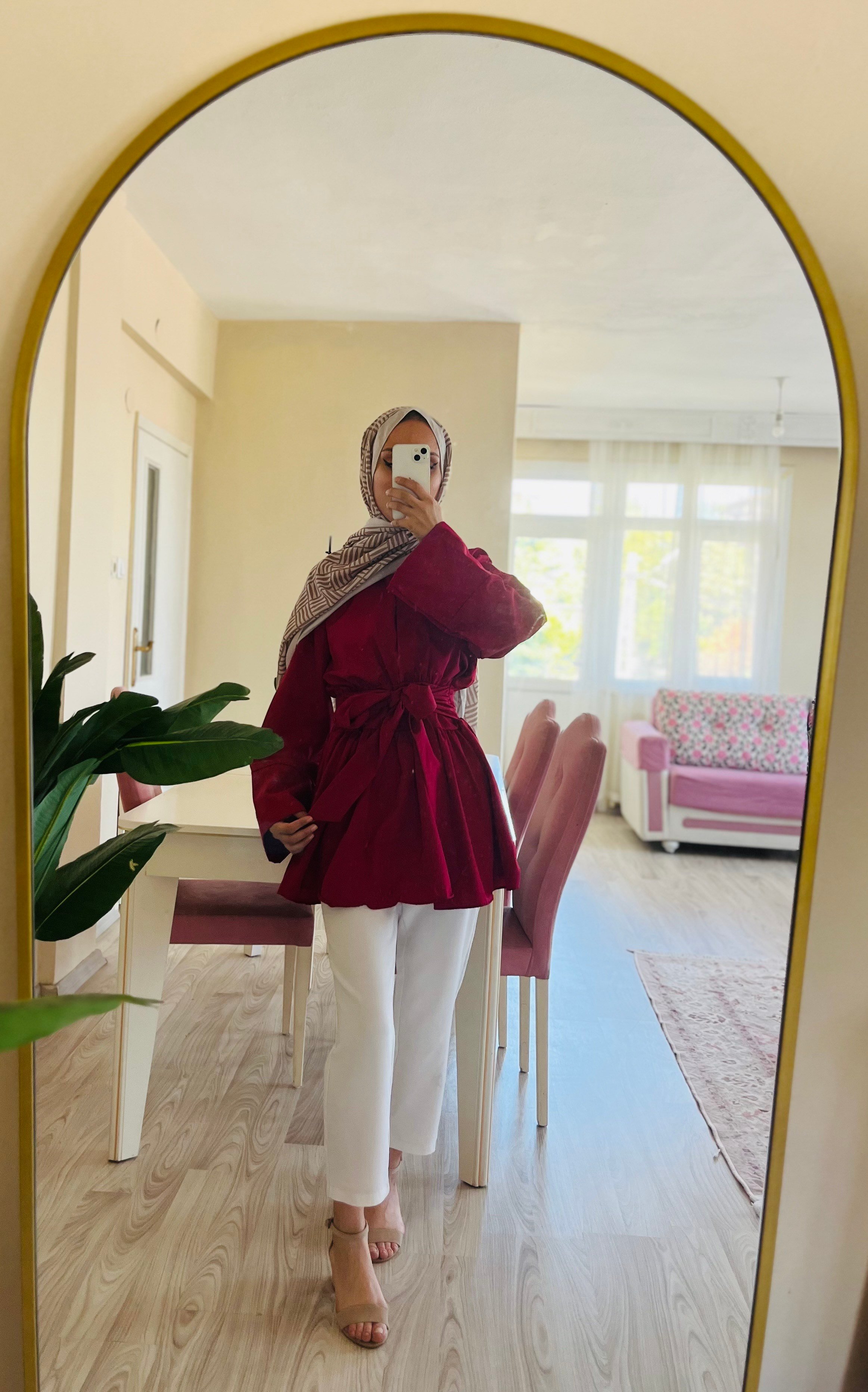 KUŞAK DETAYLI BORDO TUNİK GÖMLEK