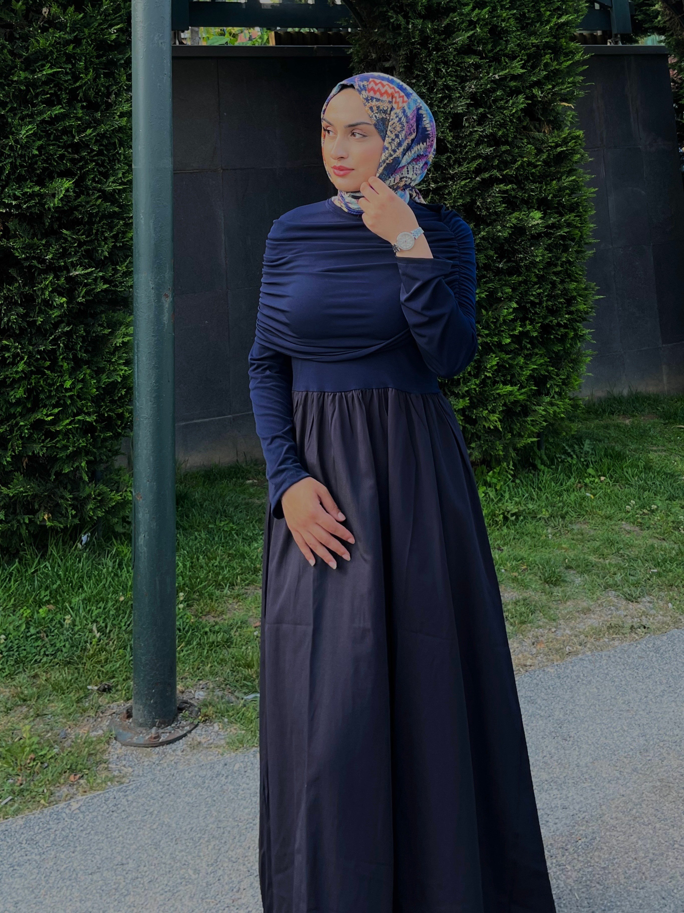 LACİVERT KADIN DRAPELİ TESETTÜR ELBİSE 