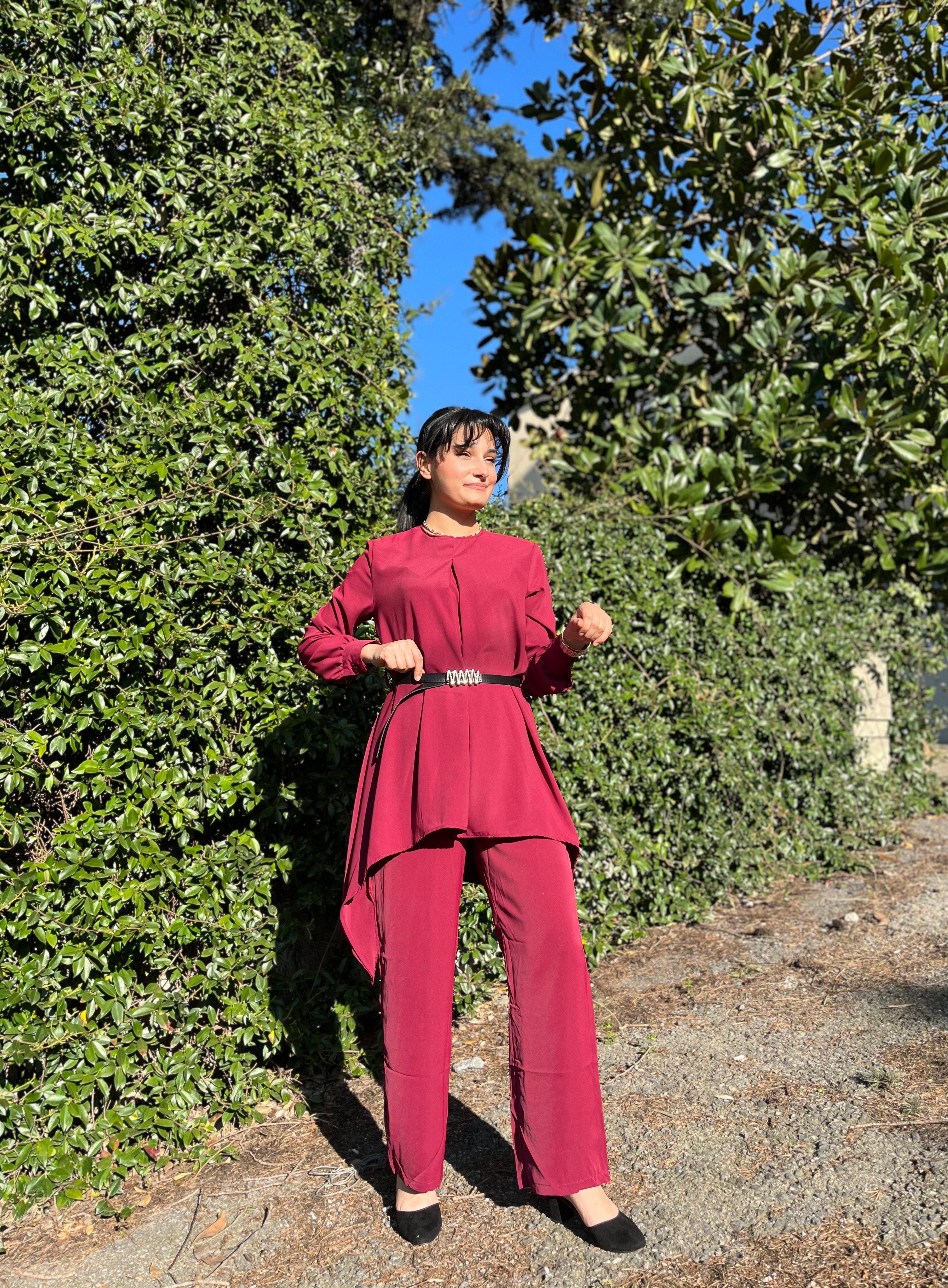 KEMER DETAYLI BORDO TUNİK PANTOLON TAKIM