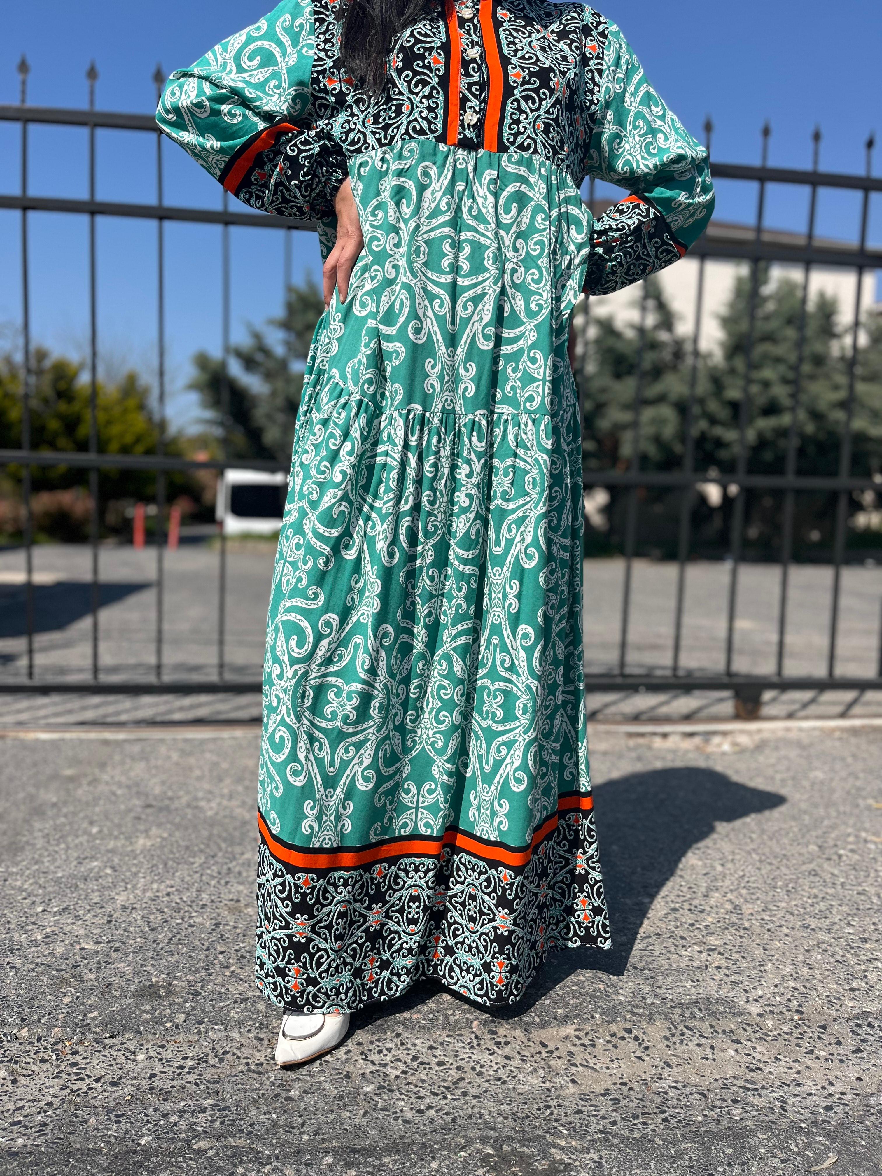 ETNİK DESENLİ YEŞİL GÖMLEK ELBİSE
