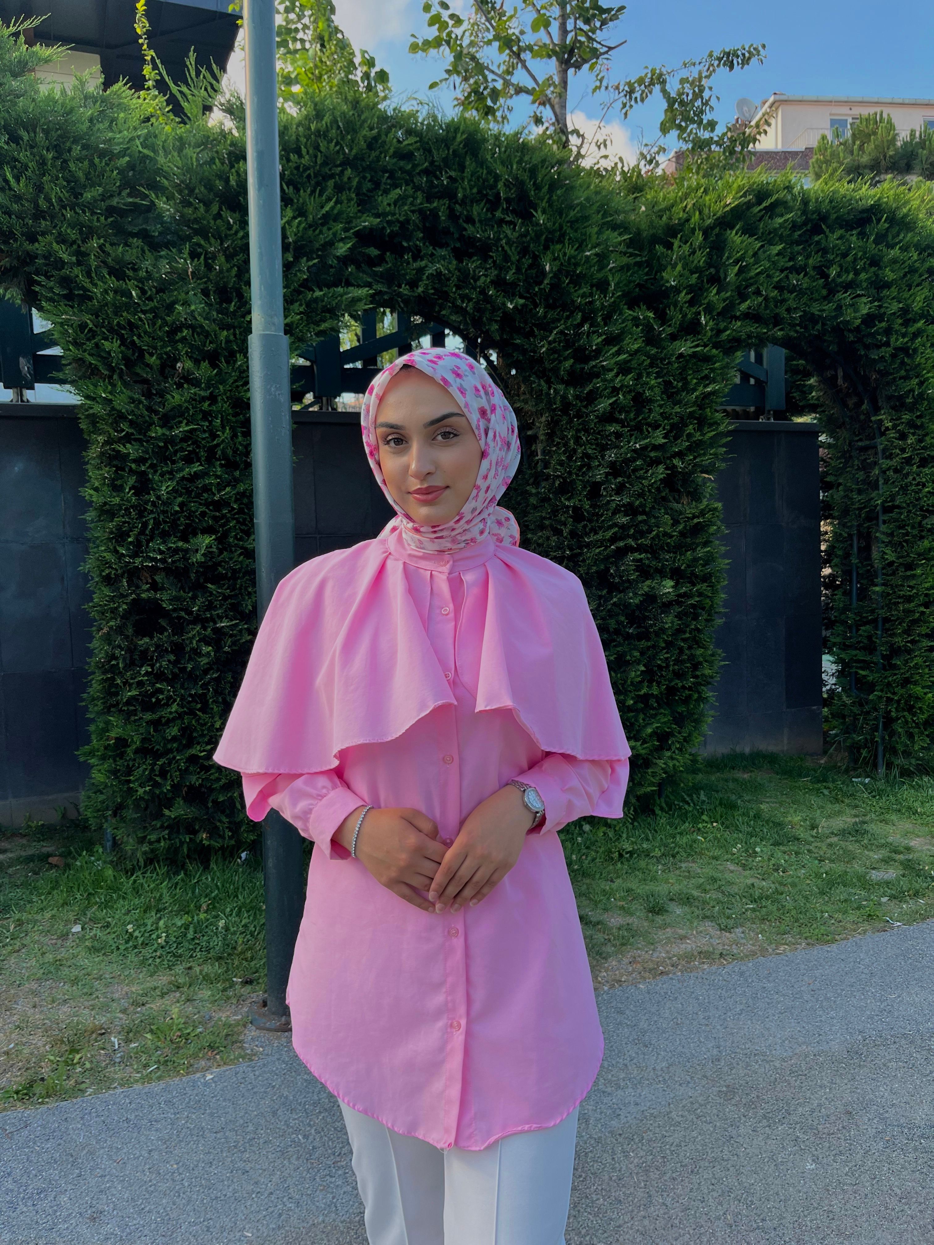 PEMBE PELERİNLİ BELDEN BAĞLAMALI KADIN GÖMLEK