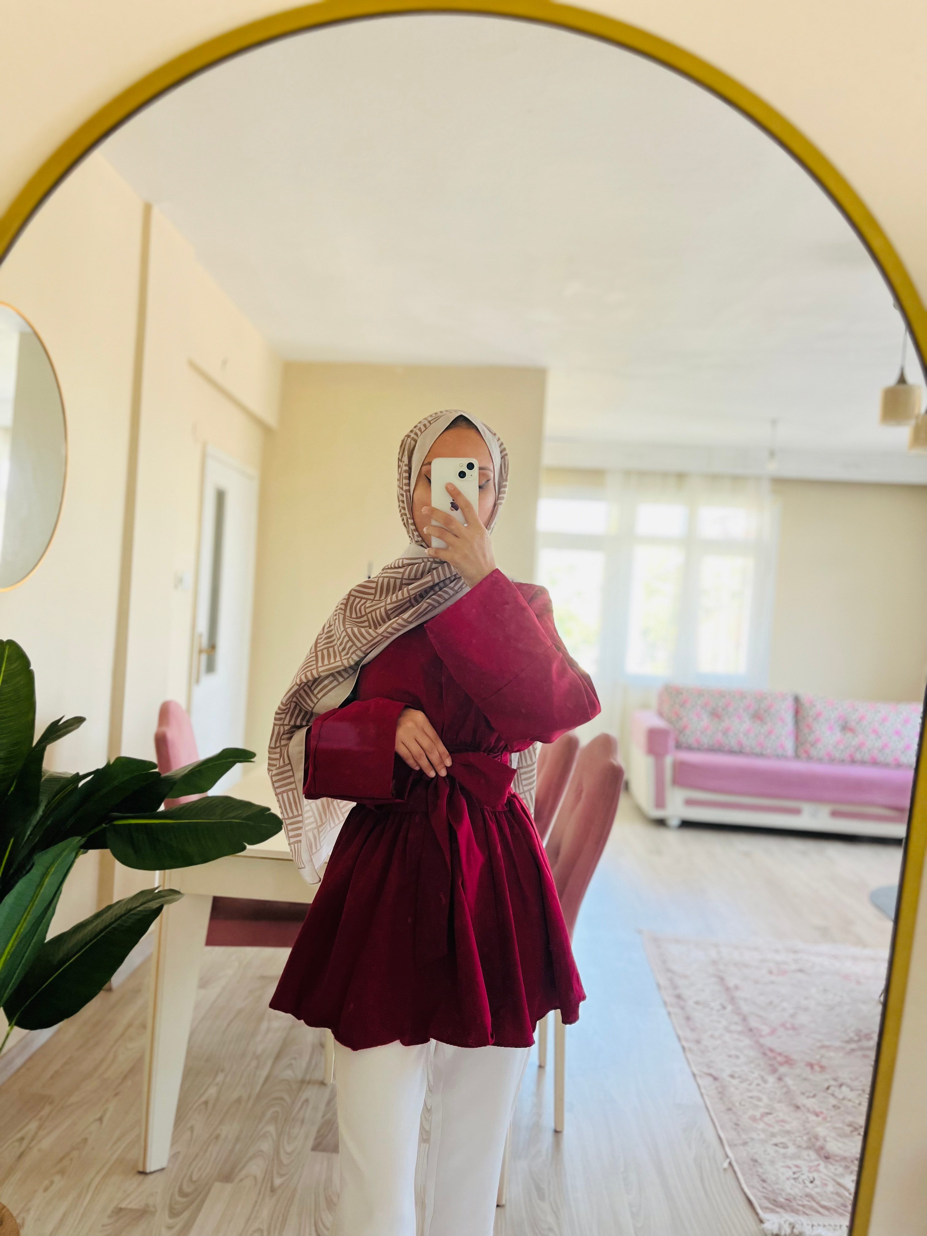 KUŞAK DETAYLI BORDO TUNİK GÖMLEK