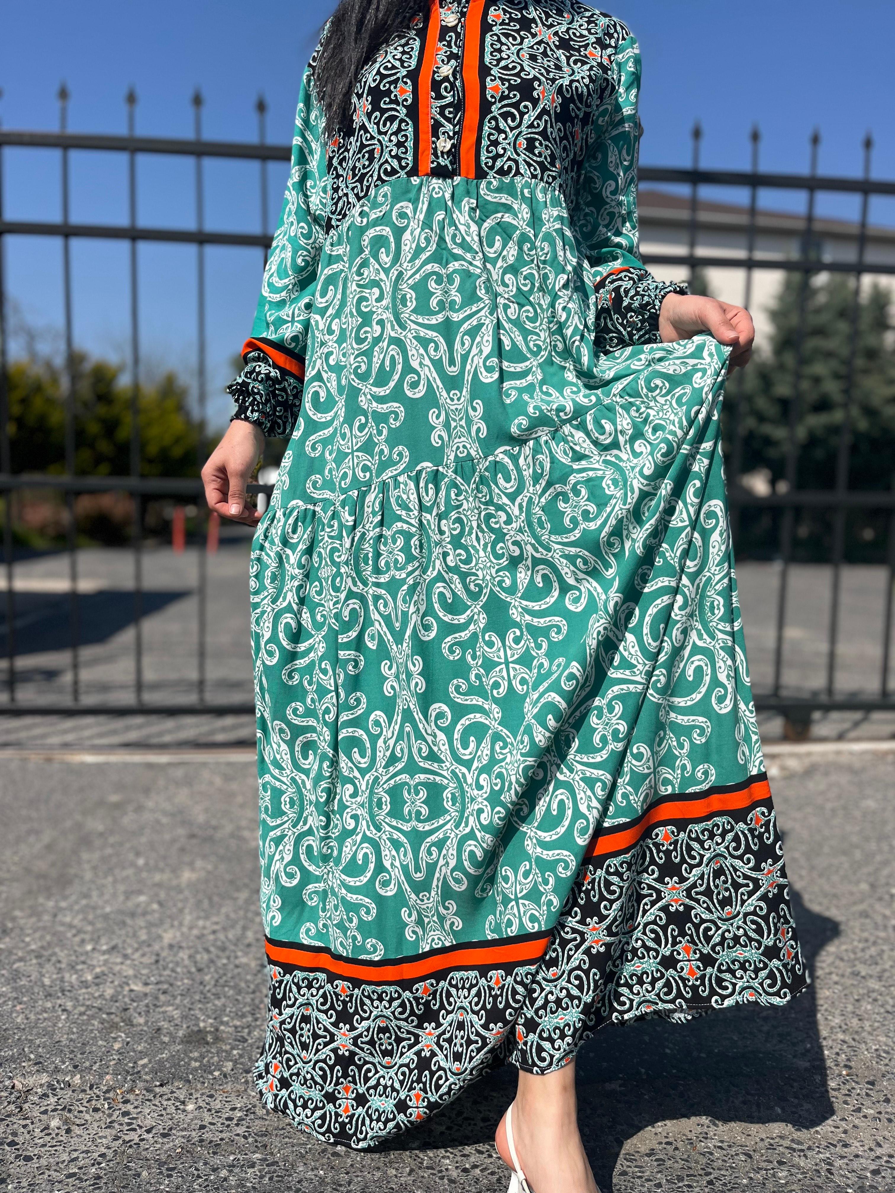 ETNİK DESENLİ YEŞİL GÖMLEK ELBİSE