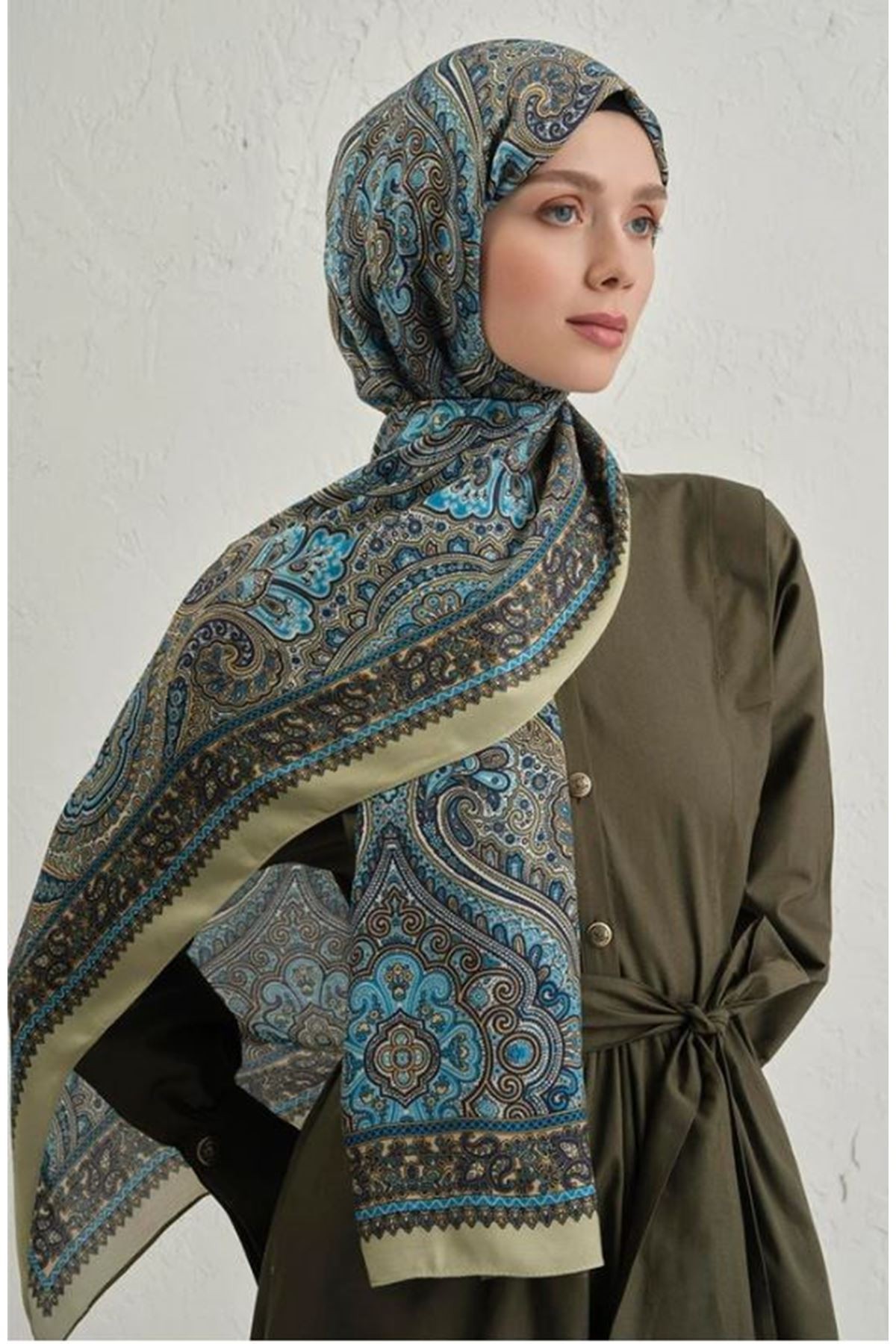 Yağ Yeşili Pure Etnik Desen Şal-3  07