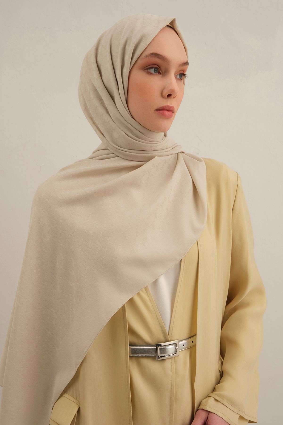 Bej  Link Desen Bambu Cotton Şal   17
