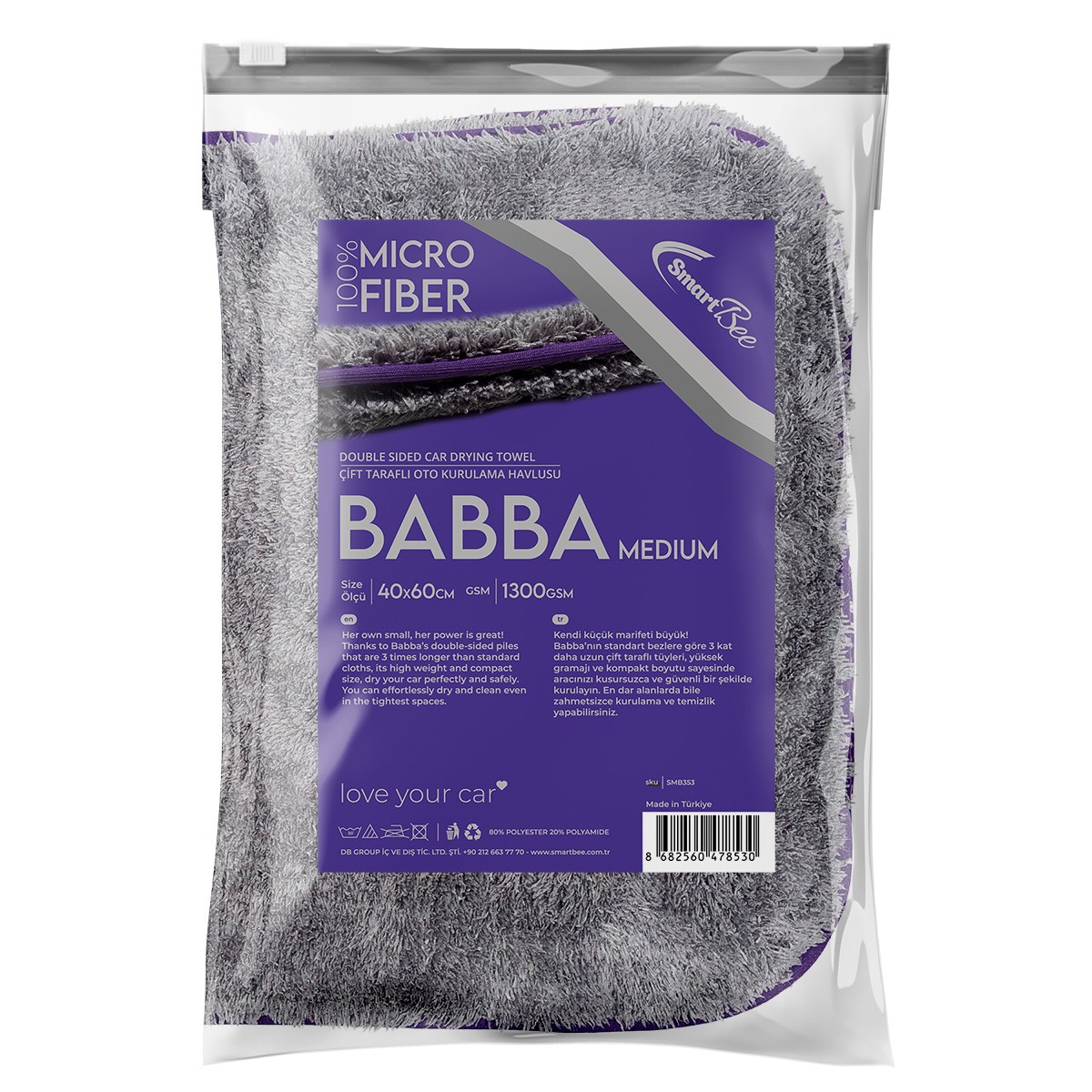 BABBA Medium Double Layer Microfiber Car Drying Towel 40×60 1300GSM – Dark Gray