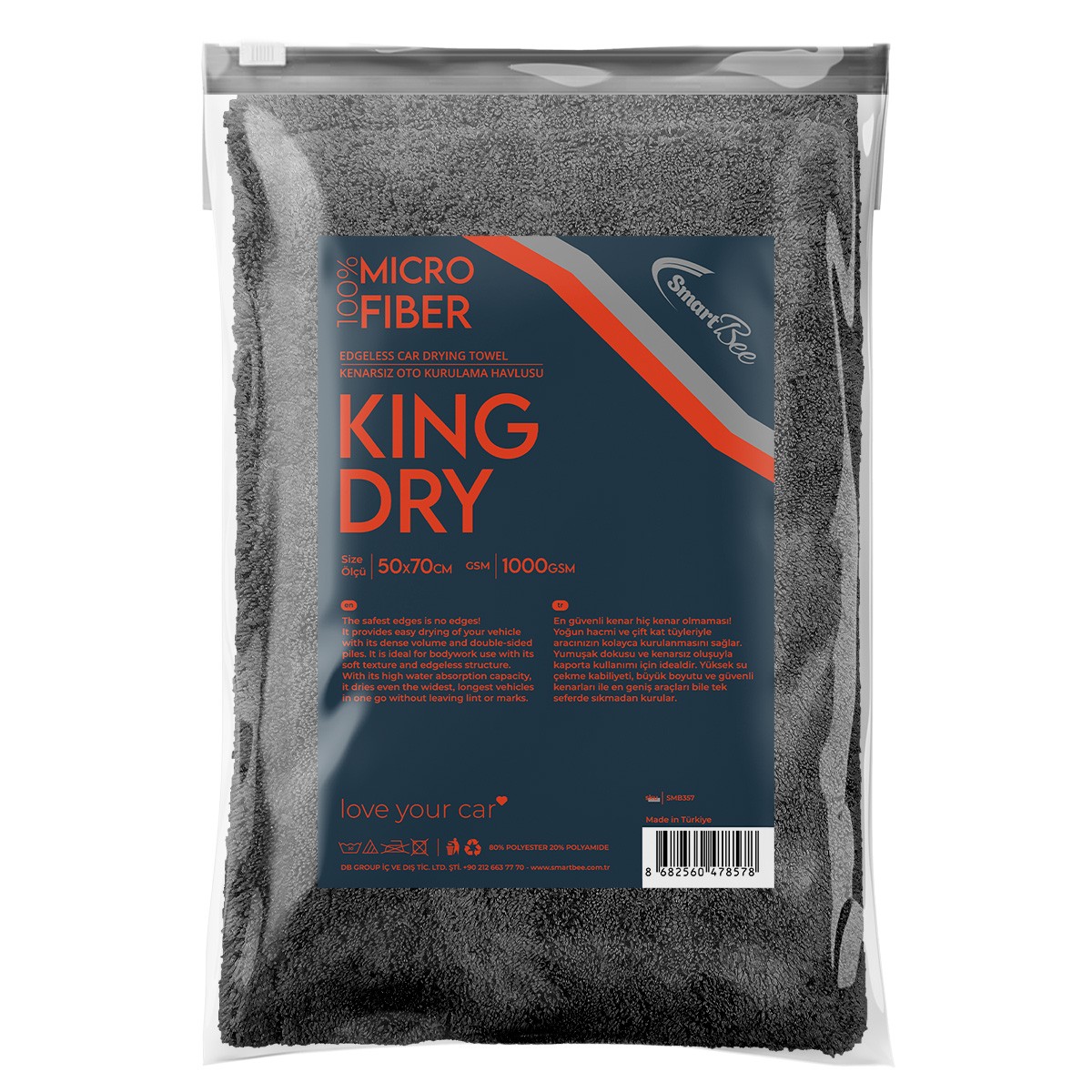 KINGDRY Edgeless Microfiber Car Drying Towel 60×90 1000GSM – Anthracite