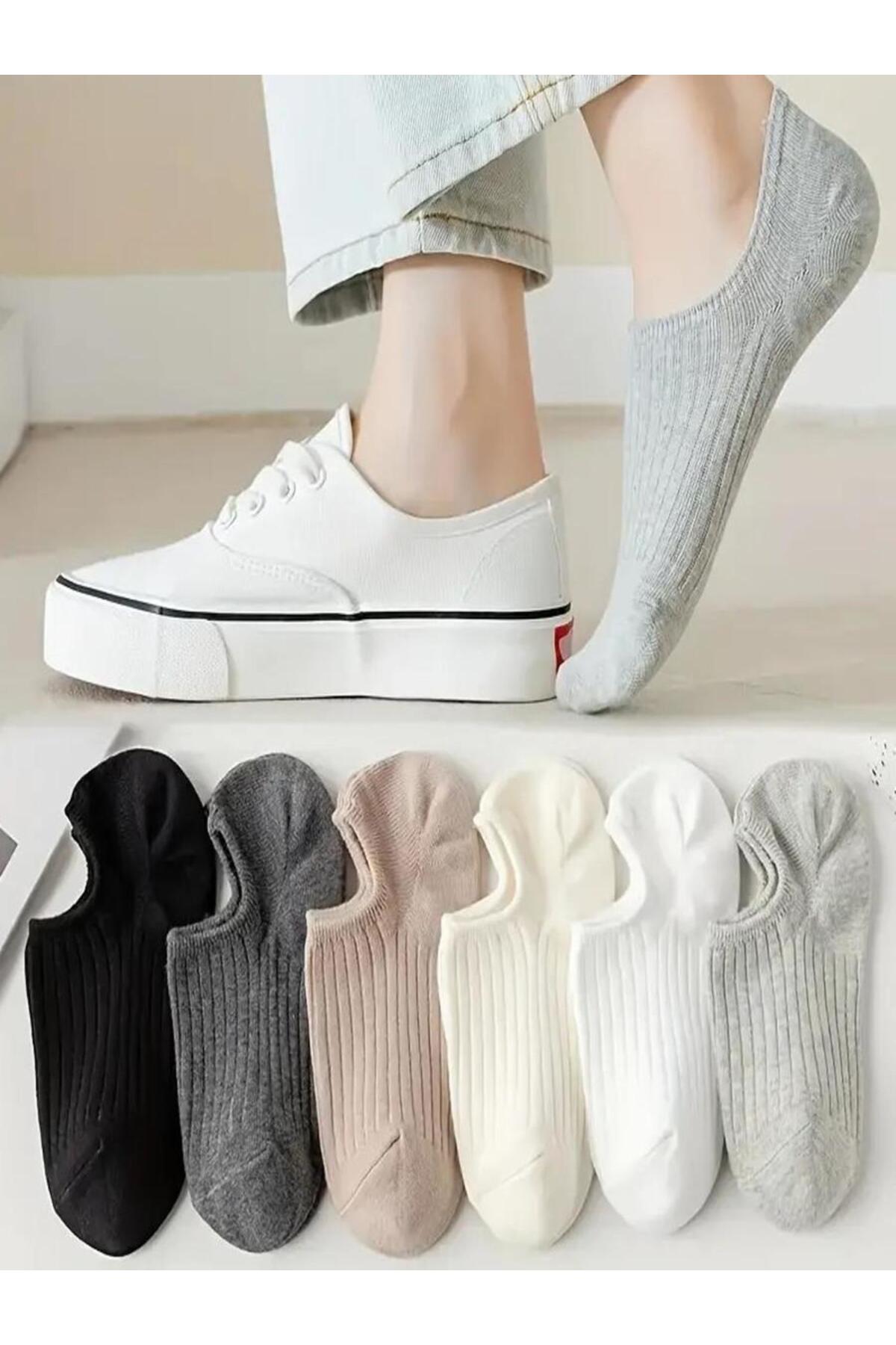 6 Çift Kadın Şık Çizgili Rahat Sneaker Çorap