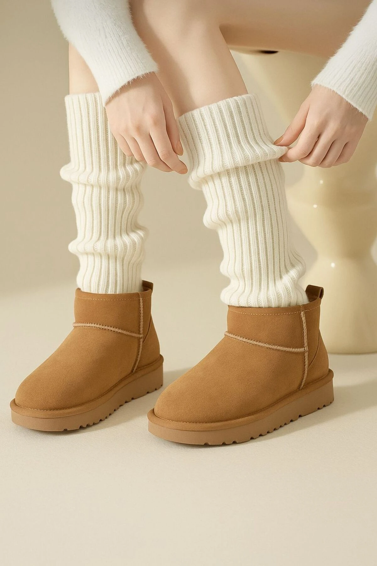 Original Premium Tozluk %100 Akrilik Triko Örgü Leg Warmer Ayak Isıtıcı Bej