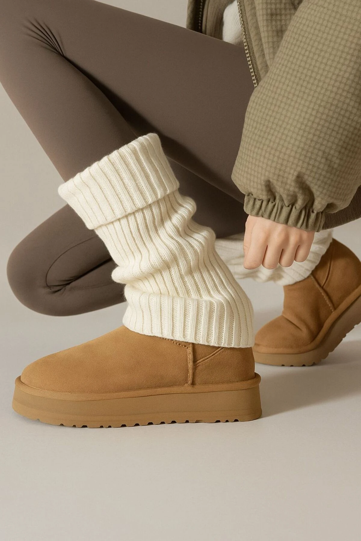 Original Premium Tozluk %100 Akrilik Triko Örgü Leg Warmer Ayak Isıtıcı Bej