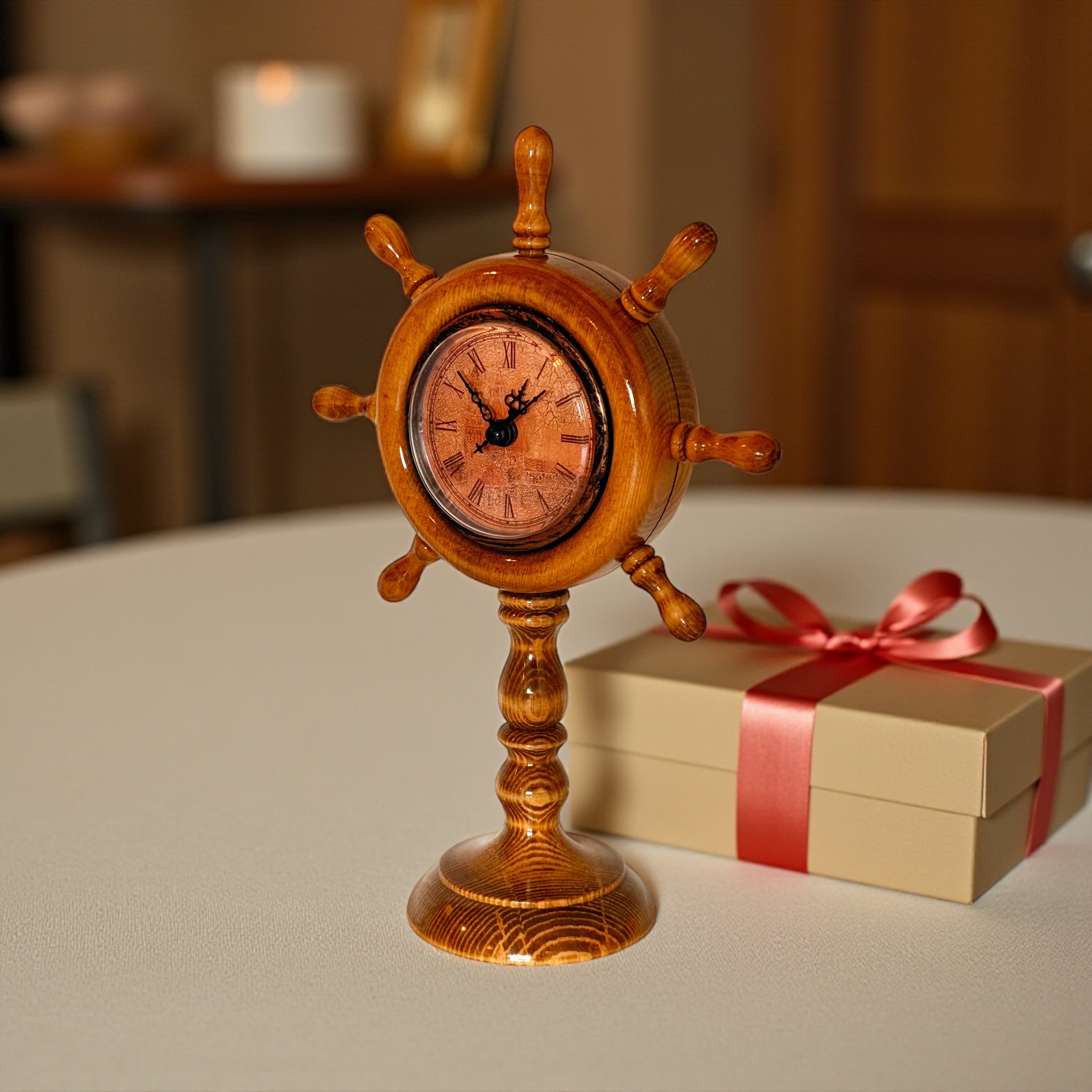 "Barbaros" El Yapımı Ahşap Gemi Dümeni Dekoratif Masa Saati