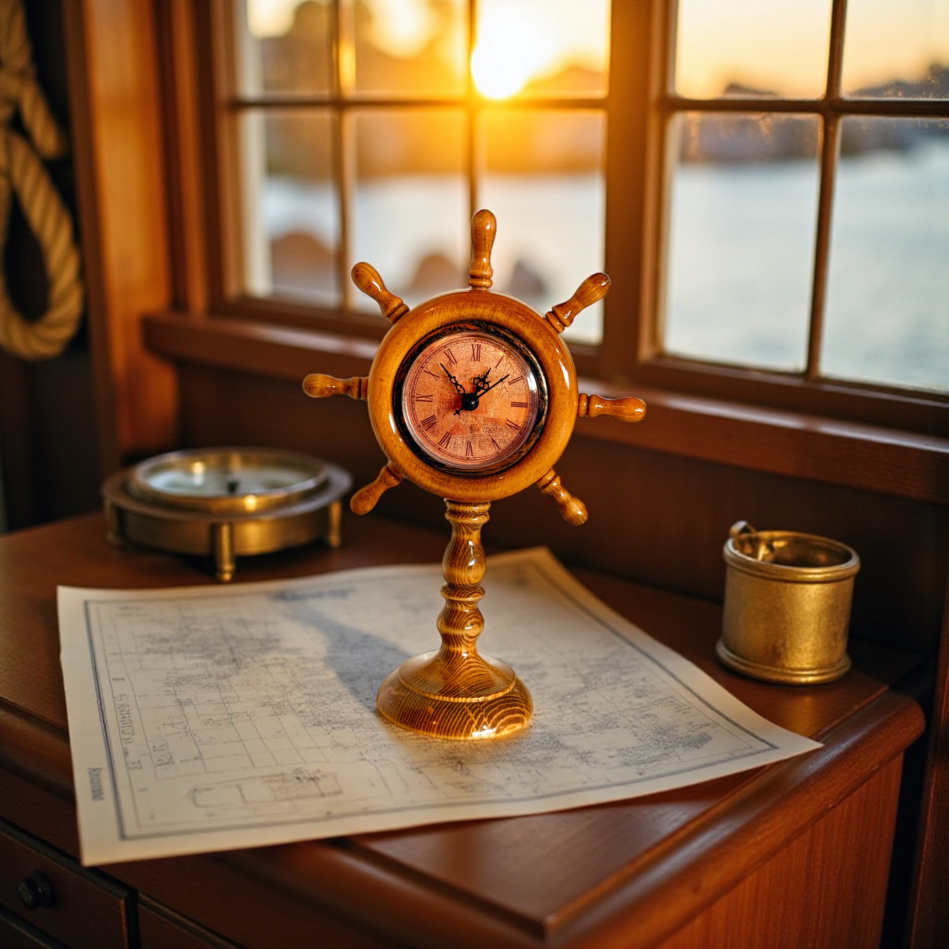 "Barbaros" El Yapımı Ahşap Gemi Dümeni Dekoratif Masa Saati