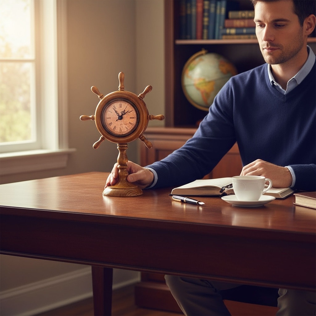 "Barbaros" El Yapımı Ahşap Gemi Dümeni Dekoratif Masa Saati