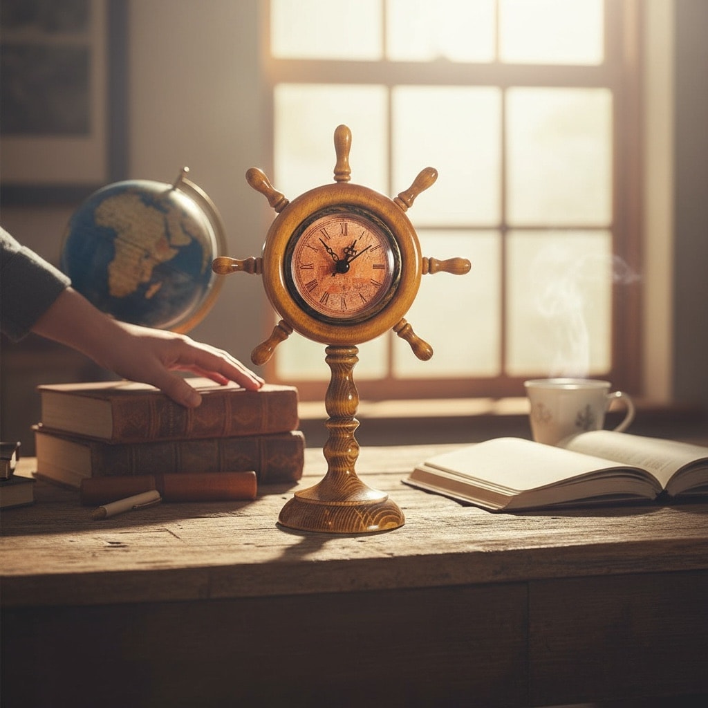 "Barbaros" El Yapımı Ahşap Gemi Dümeni Dekoratif Masa Saati