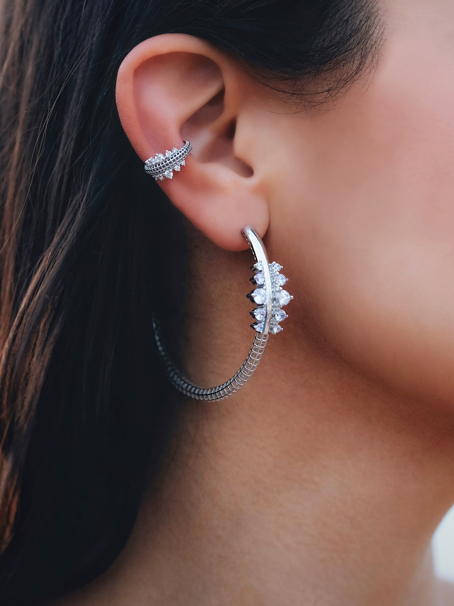 Two Sided Semita Kıkırdak Küpesi - 925 Ayar Gümüş