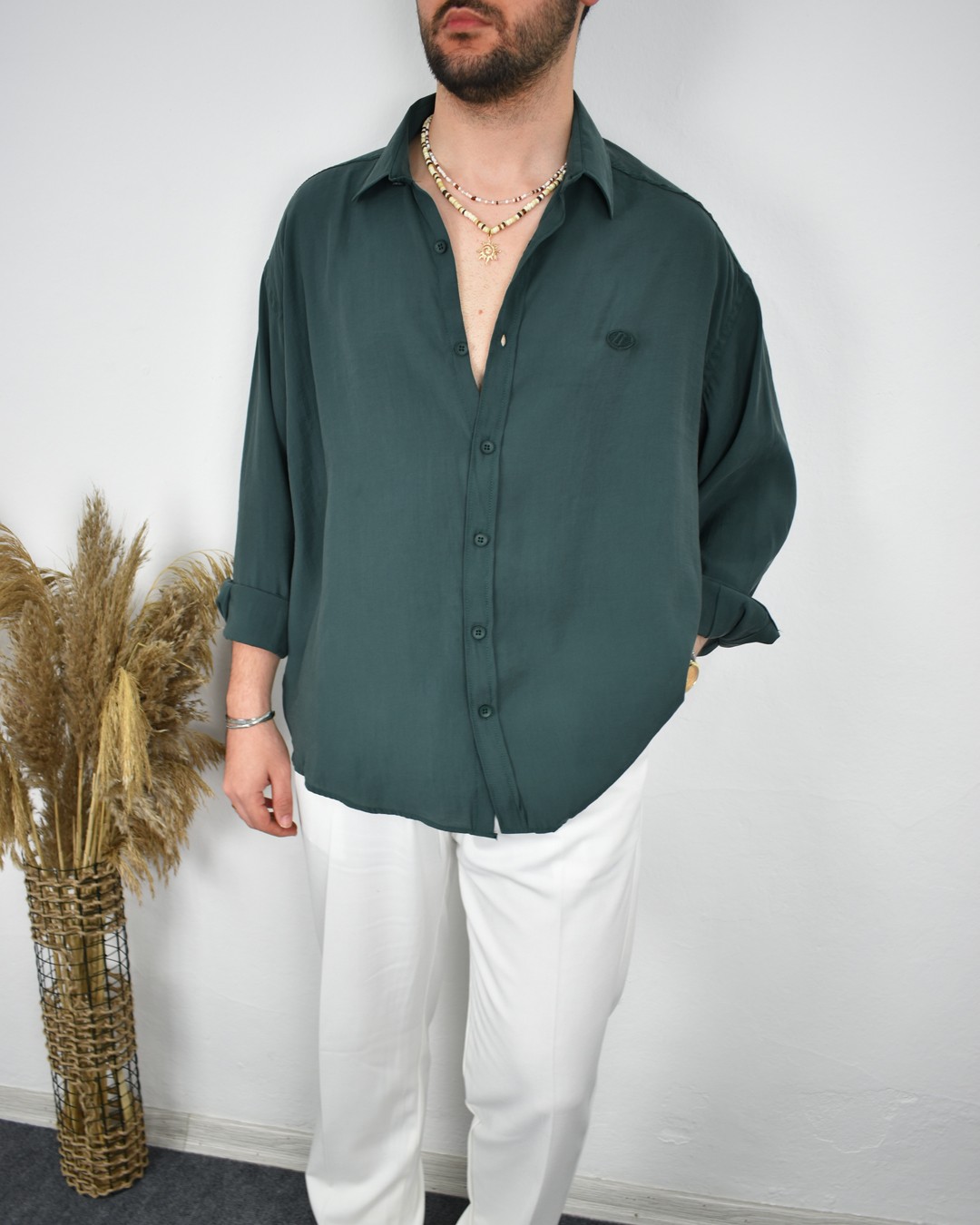 Modal Kumaş Oversize Gömlek - Yeşil