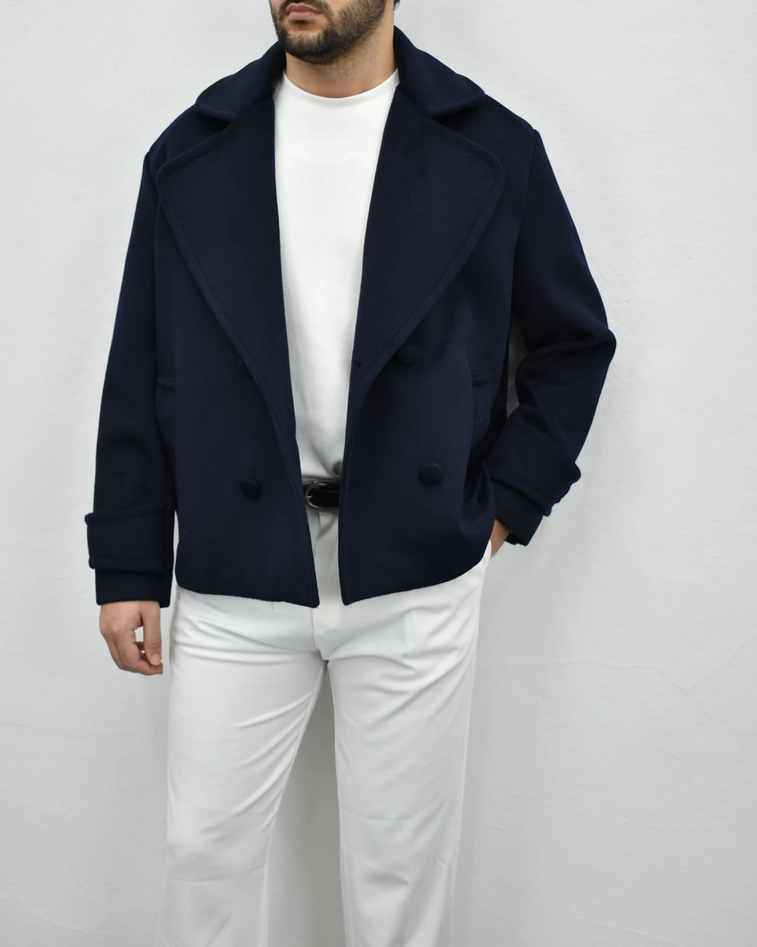 Kruvaze Kaşe Ceket - Lacivert