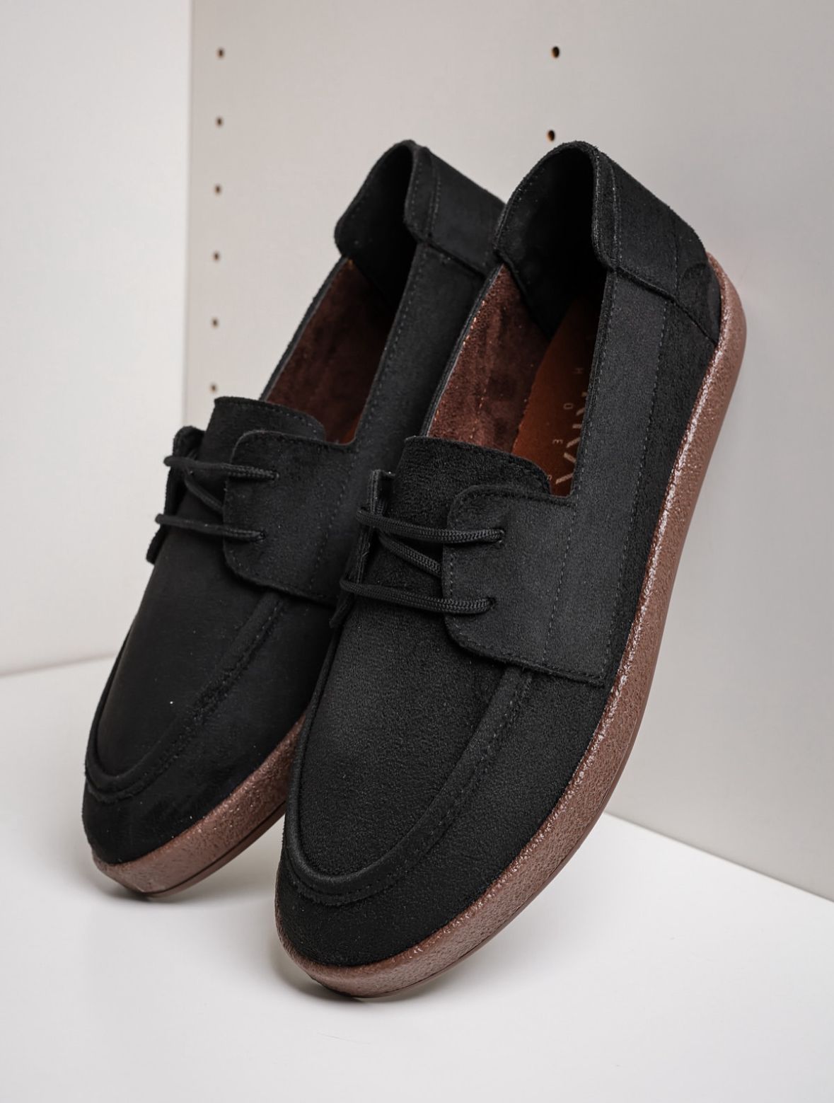 Süet Bağcıklı Loafer Ayakkabı - Siyah