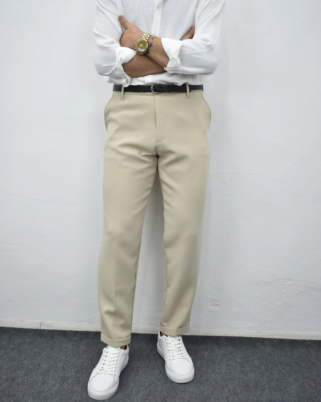 Kalın Kumaş Duble Paça Pantolon - Krem