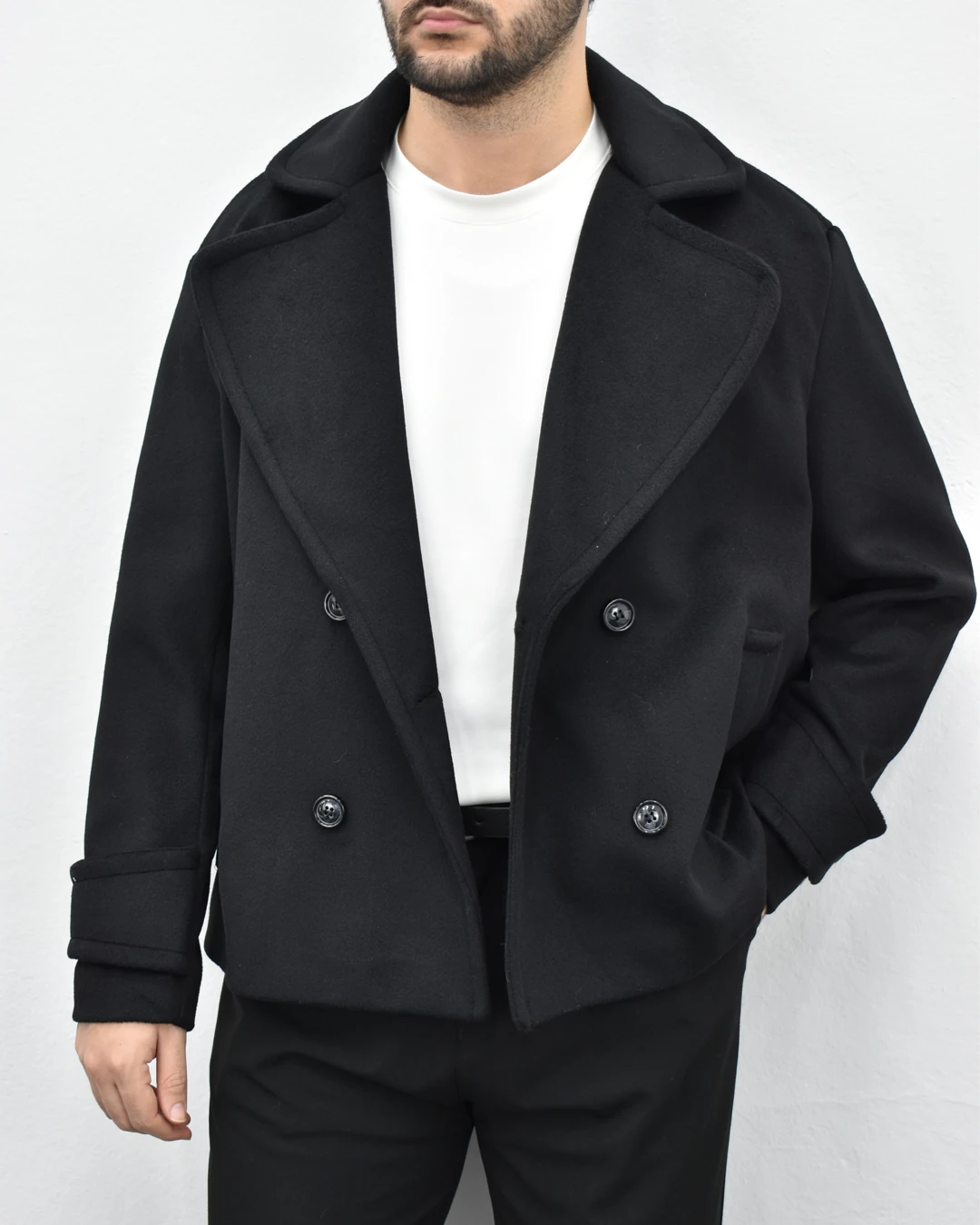 Kruvaze Kaşe Ceket - Siyah