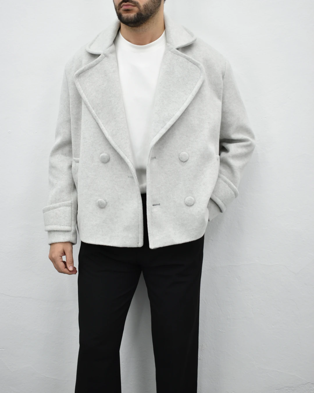 Kruvaze Kaşe Ceket - Gri