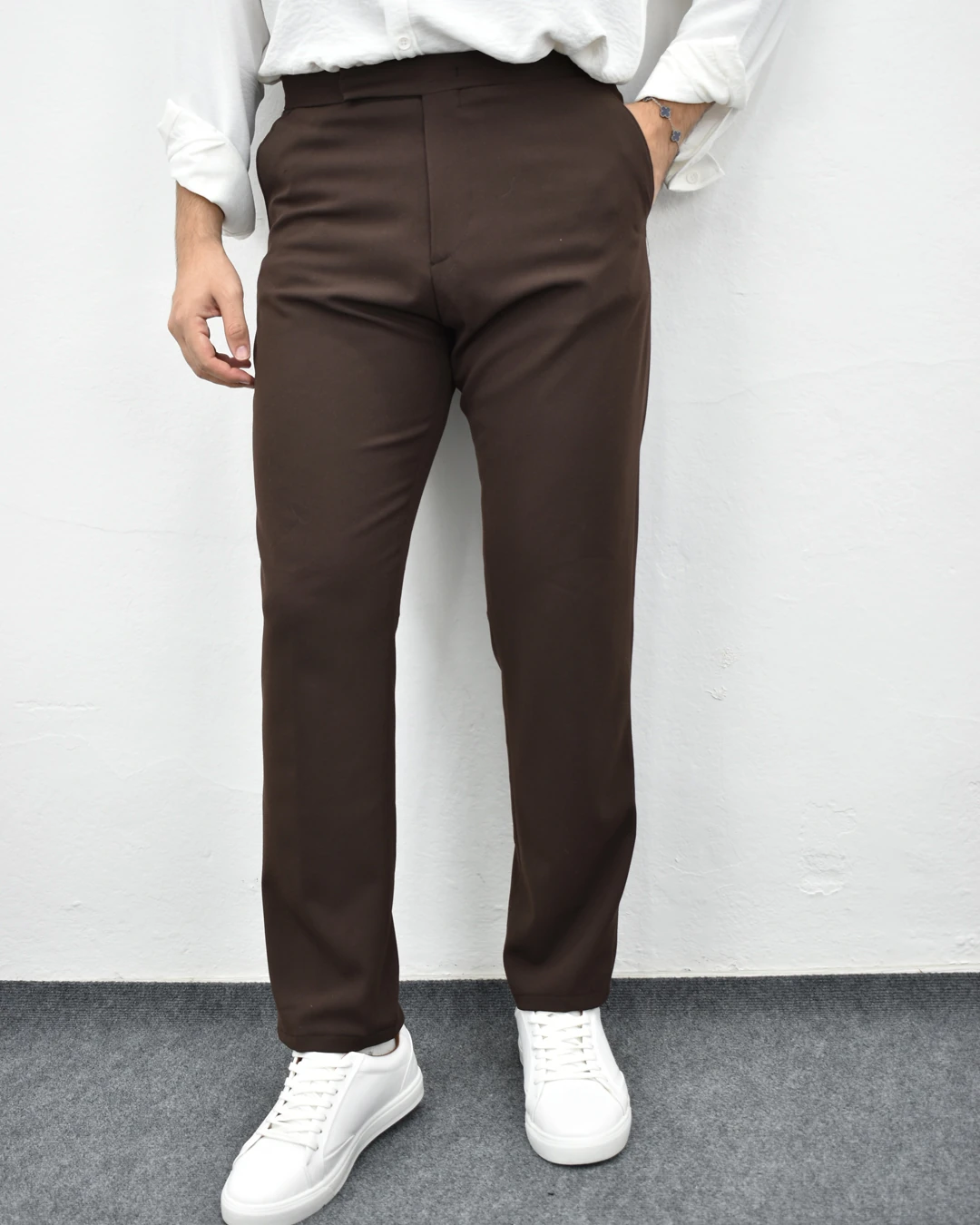 Gizli Düğme Kumaş Pantolon - Kahve