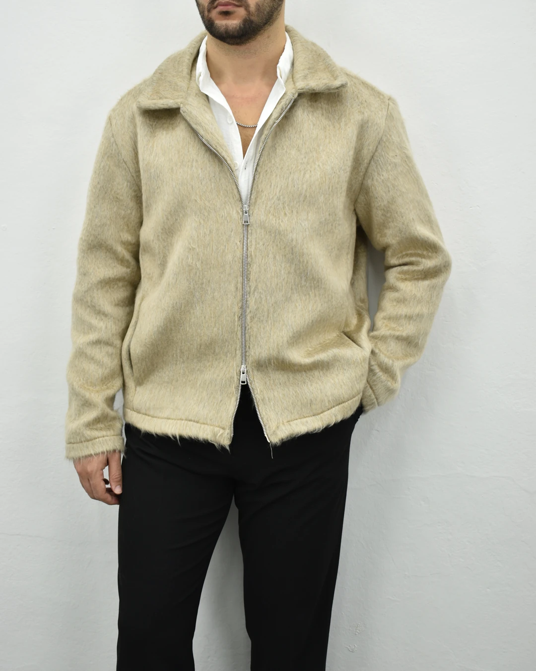 Tüylü Premium Ceket - Krem