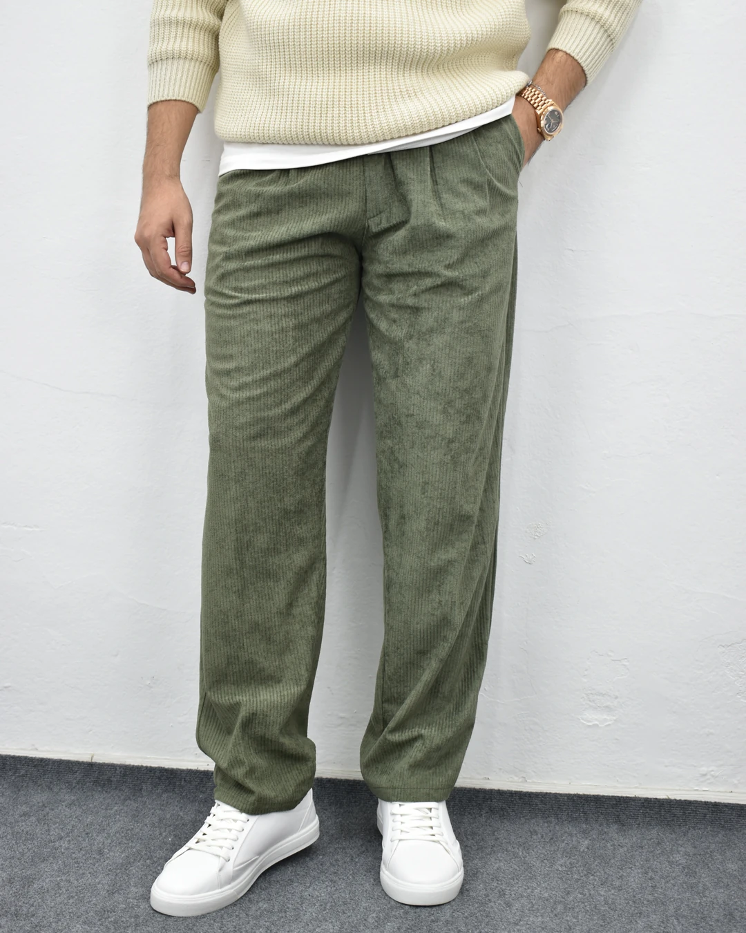 Fitilli Kadife Baggy Pantolon - Yeşil