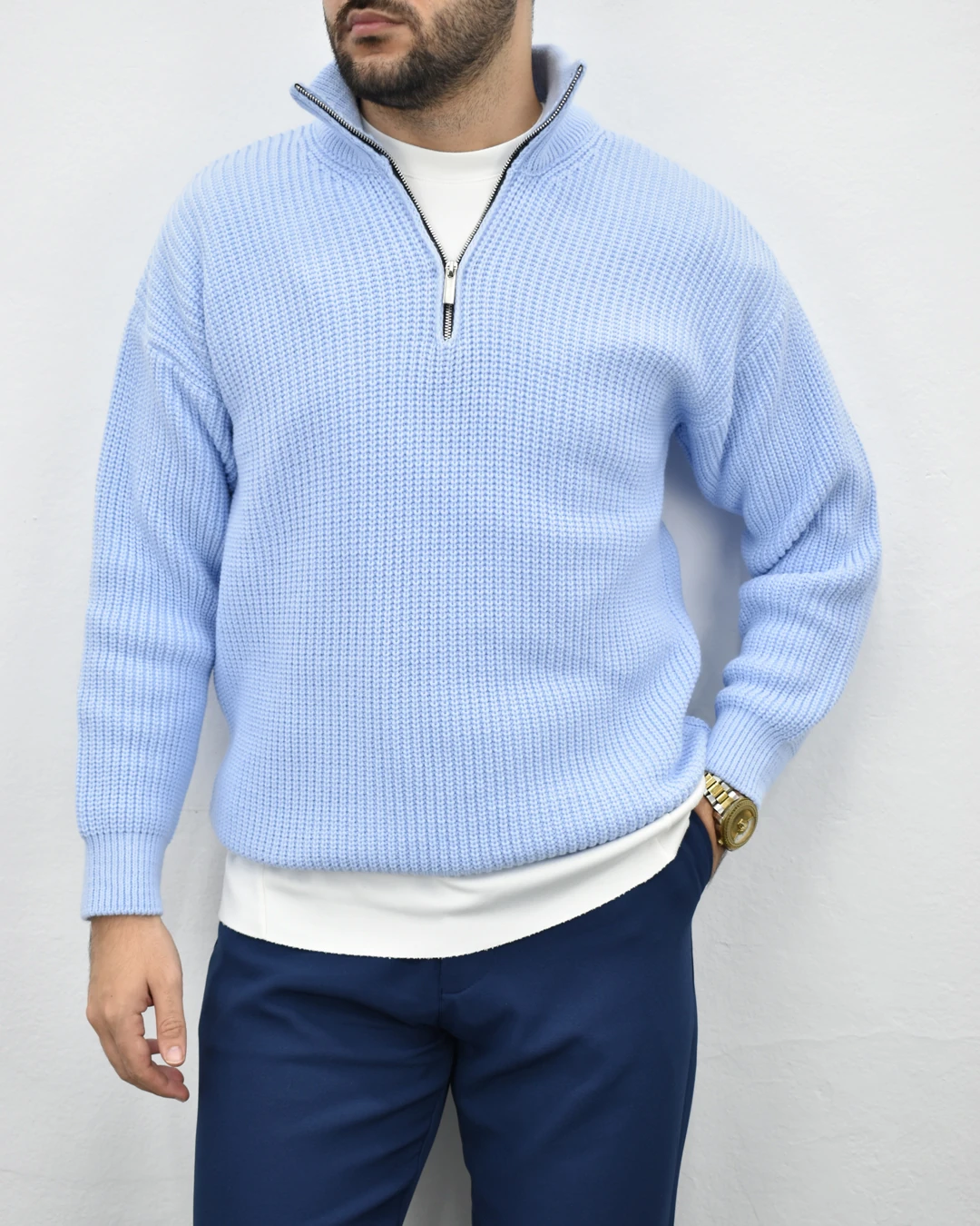 Fermuarlı Kazak - Bebe mavisi