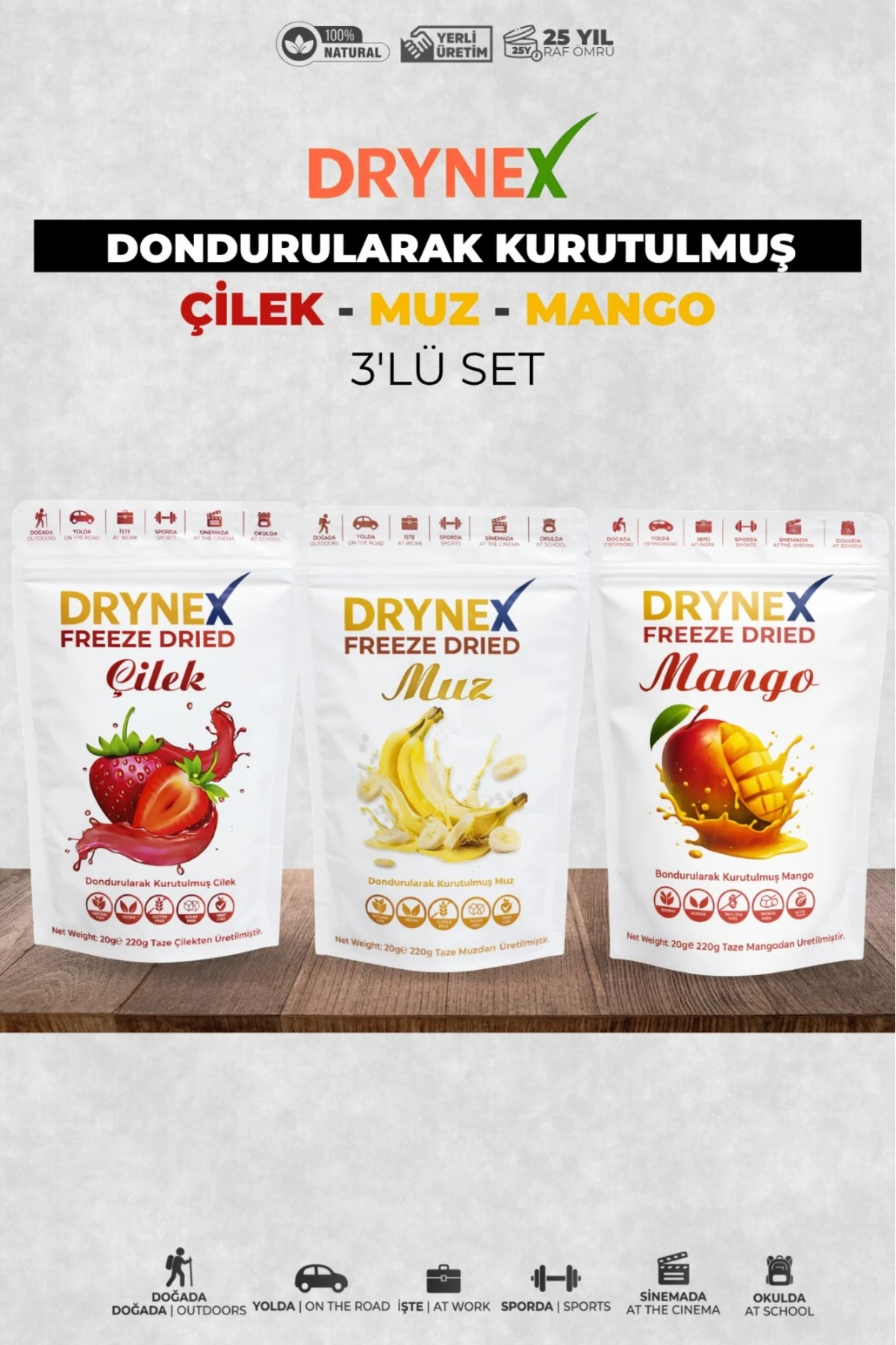 フルーツA 3'lü Meyve Seti (Çilek, Muz, Mango) | Şekersiz Doğal Atıştırmalık | Sp